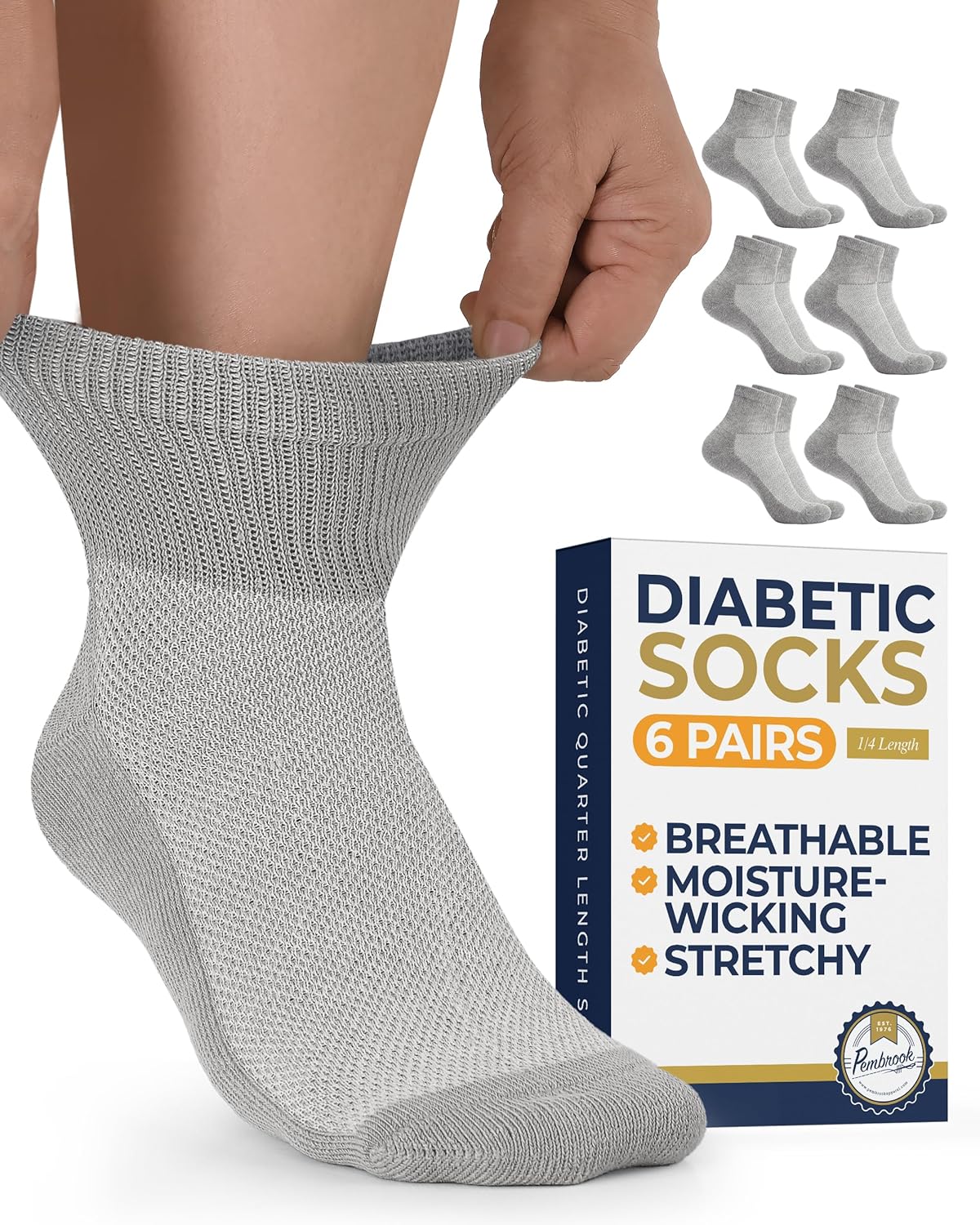 Pembrook Ankle Diabetic Socks for Women & Men | 6 Pairs | Wide Non Binding Socks Quarter Length | Edema Neuropathy Socks