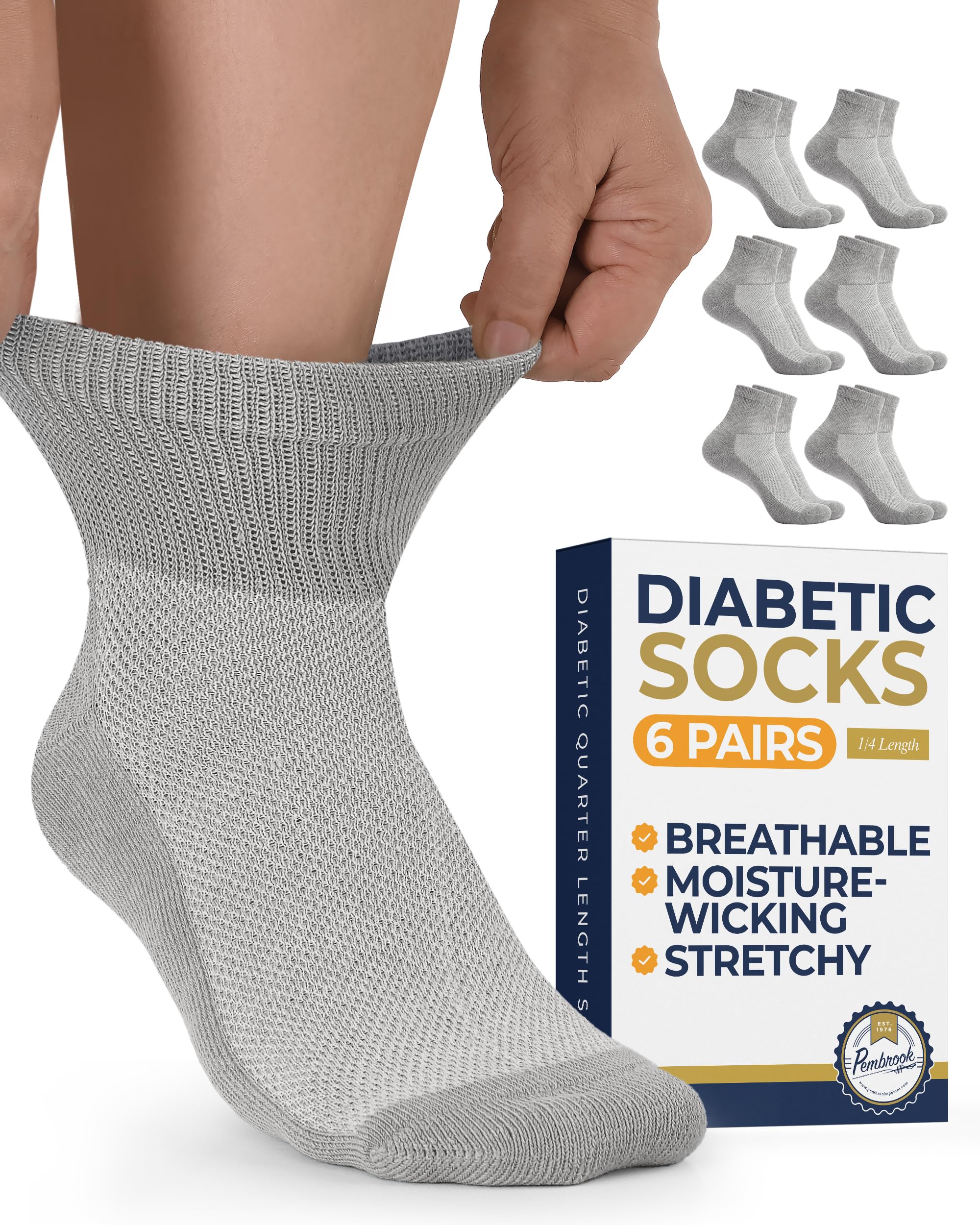 Pembrook Ankle Diabetic Socks for Women & Men | 6 Pairs | Wide Non Binding Socks Quarter Length | Edema Neuropathy Socks
