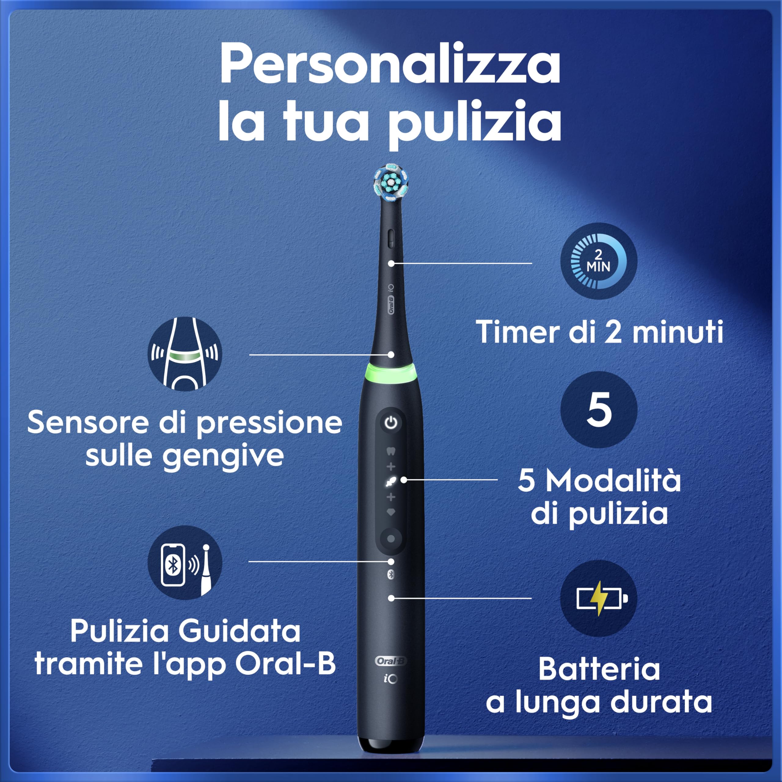 Oral-B iO 5 Spazzolino Elettrico, con 3 Testina di Ricambio, Custodia, Nero - 3 Testine di Ricambio per Spazzolino Elettrico, Ricaricabile, Custodia da Viaggio, Sensore di Pressione, Pulizia Denti
