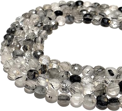 ABCGEMS Brazilian Black Rutilated Quartz Gemstones Beads A Revolutionary Cutting Process- More Surfaces to Reflect Light Healing, Energy, Micro-Faceted, Diamond-Cut, Checkerboard Coin, Tiny, 6mm