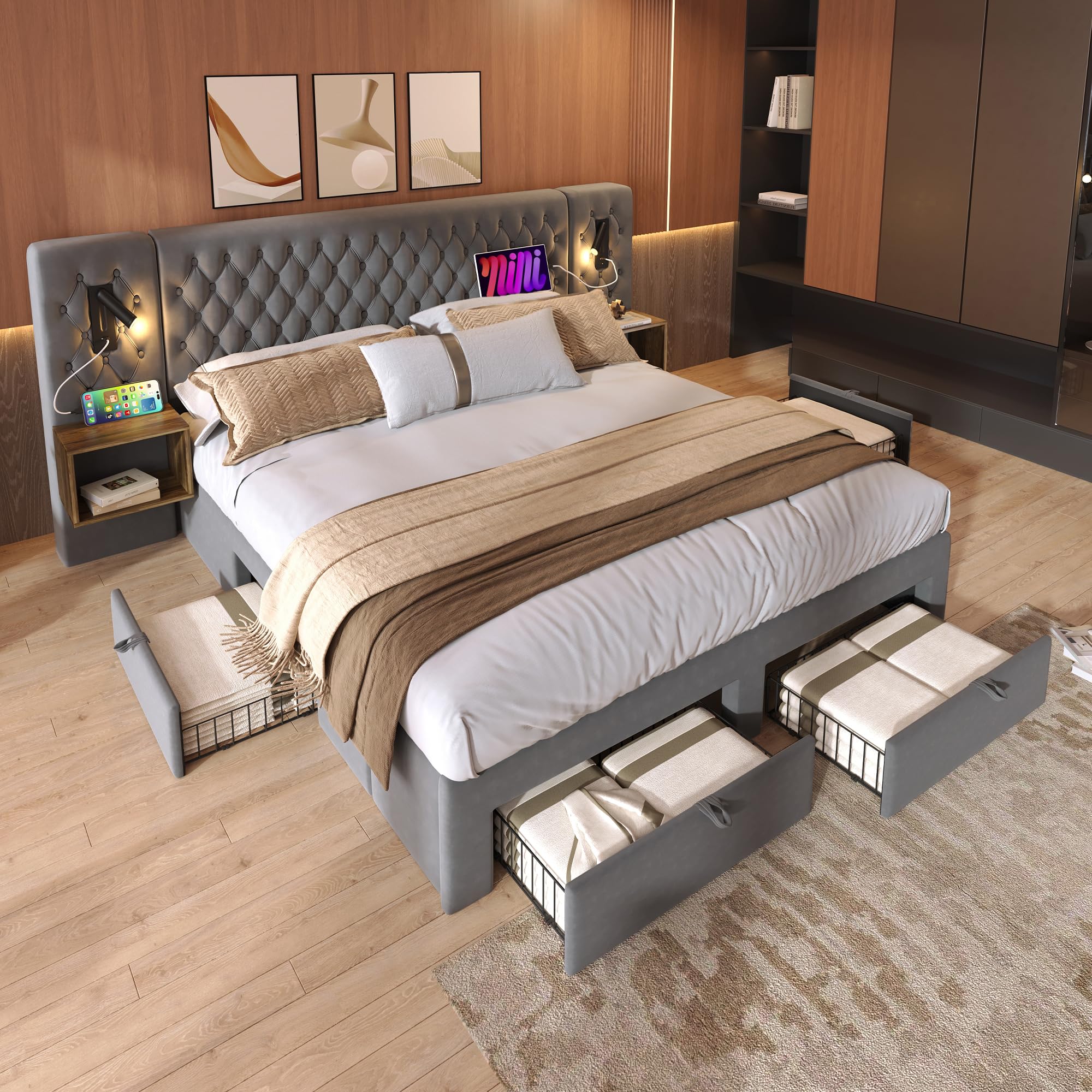 LINKHOO Linge de lit Ensemble Complet, rembourré Double avec 2 Tables de Chevet et 4 tiroirs, tête de lit liseuse avec Fonction de Charge USB, sans Matelas, Velours, 160×200 cm, Gris