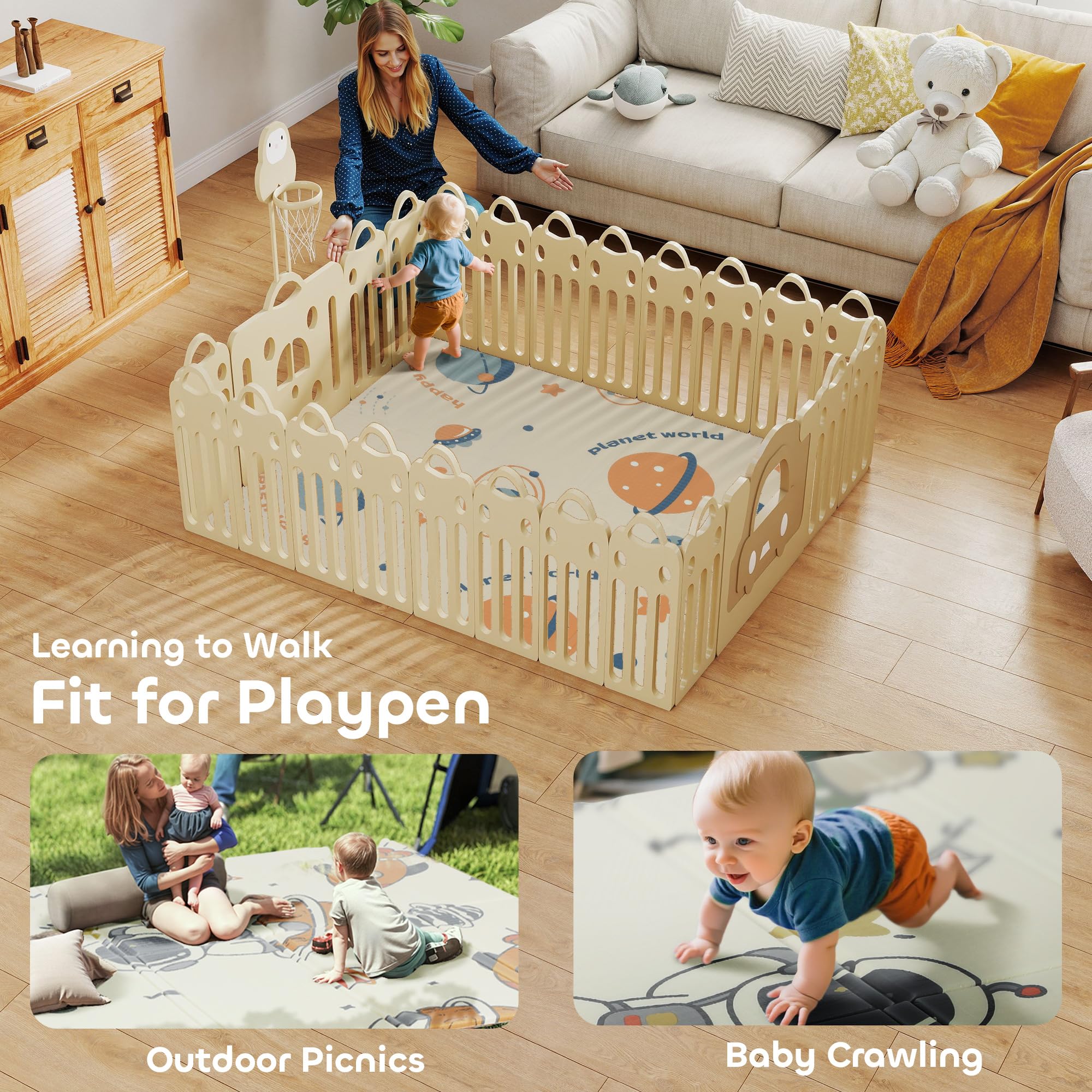 AIYAPLAY Tapis de jeu bébé pliable 177x146x1,5cm Astronaute & Planète | Double face, tapis d'activité réversible, tapis de mousse imperméable, pour pique-niques intérieur/extérieur