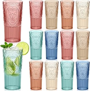Wiwiqing 20oz Vintage Plastic Drinking Glasses Set of 12, Multicolor Large Capacity Water Glasses Embossed Ribbed Plastic Tumbler Drinking Cups Retro Drinkware for Beer, Juice, Whiskey, Cocktail