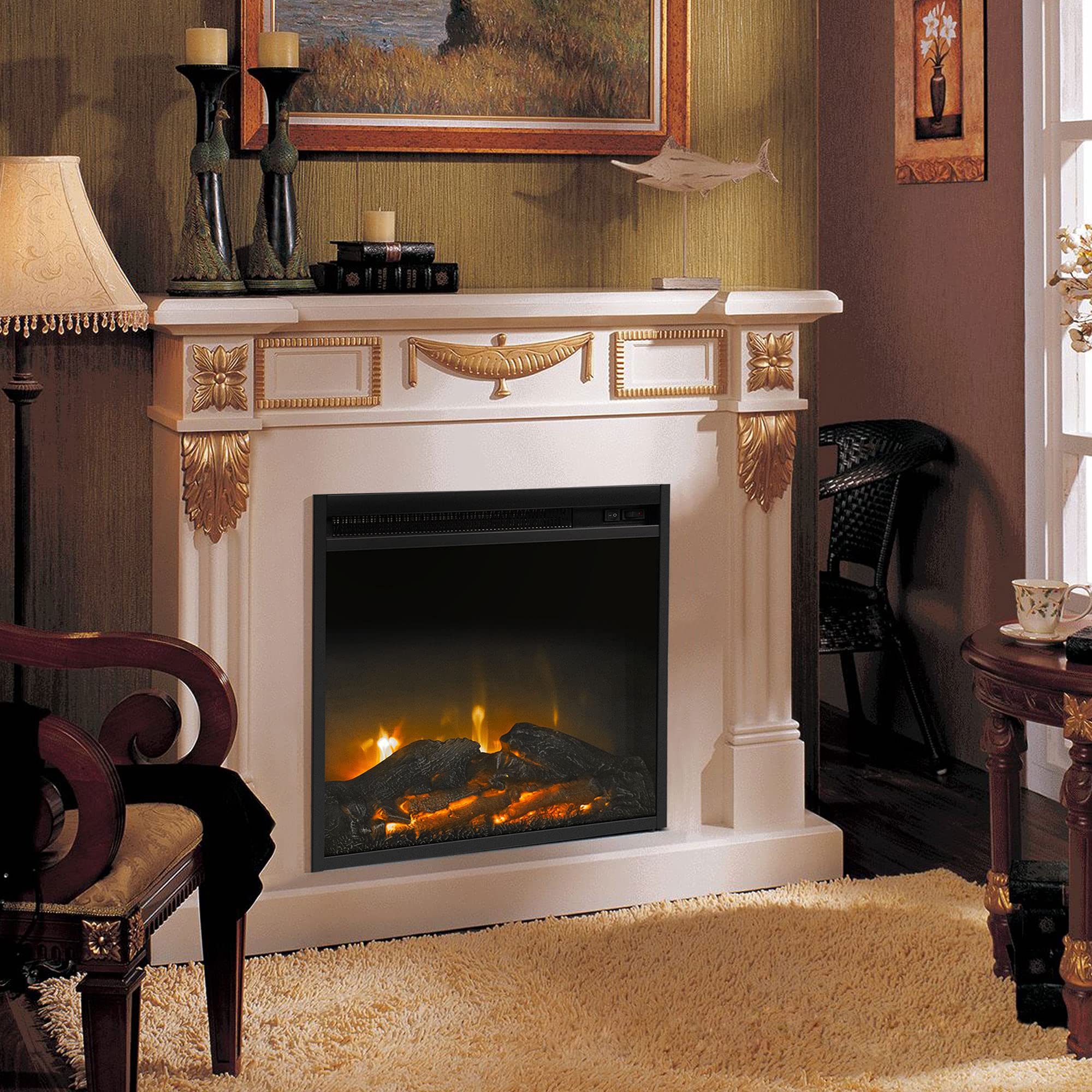 18” Electric Fireplace Insert, Freestanding & Recessed 1400 W Electric Stove Heater with Temperature Adjustment,Overheating Protection, Safe Plug,Black