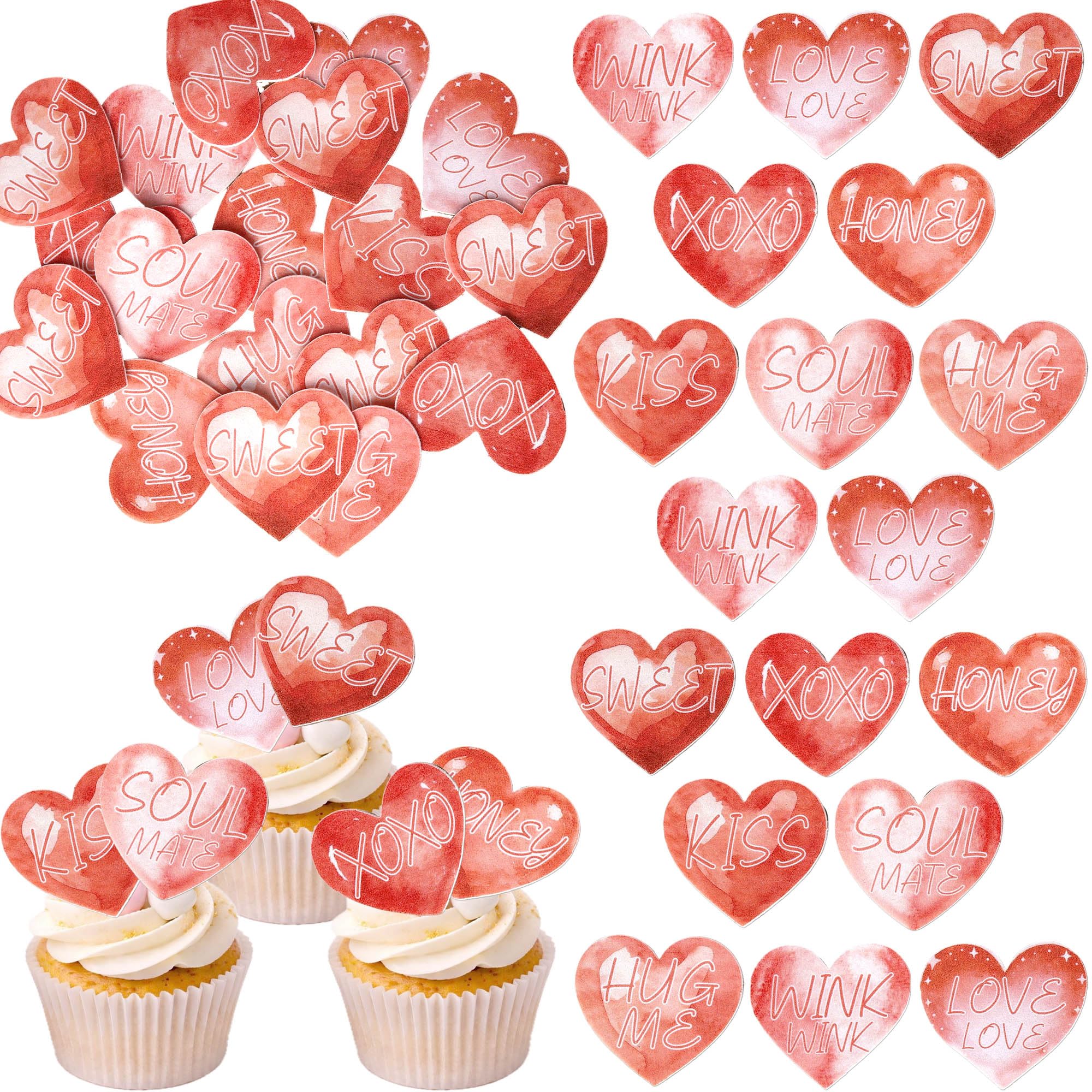 SYKYCTCY 64 Pack Edible Happy Valentine's Day Cupcake Toppers Red Sweet Love Heart Heart Cupcake Picks Sweet Love Decoration for Valentine's Day Theme Birthday Party Cake Decorations Supplies