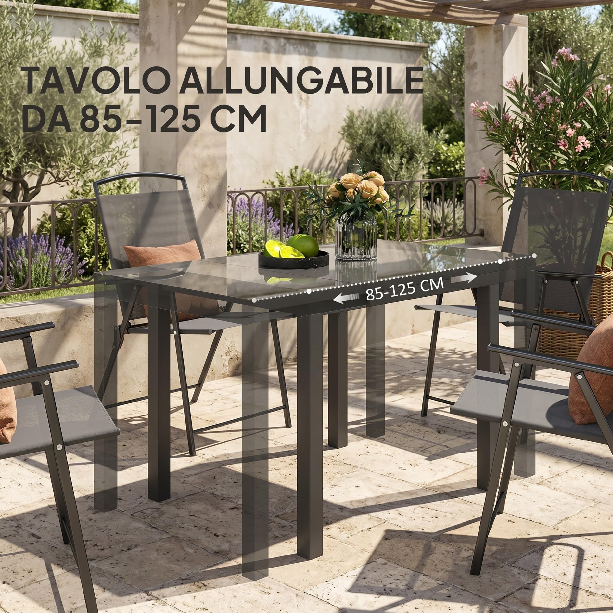 Outsunny Tavolo da Giardino Allungabile da 85/125x70x73 cm Grigio Scuro | Tavola da Pranzo Estensibile, per 4-6 Persone, Rettangolare, in Alluminio, con Piano in Vetro, per Patio Terrazzo, Esterno