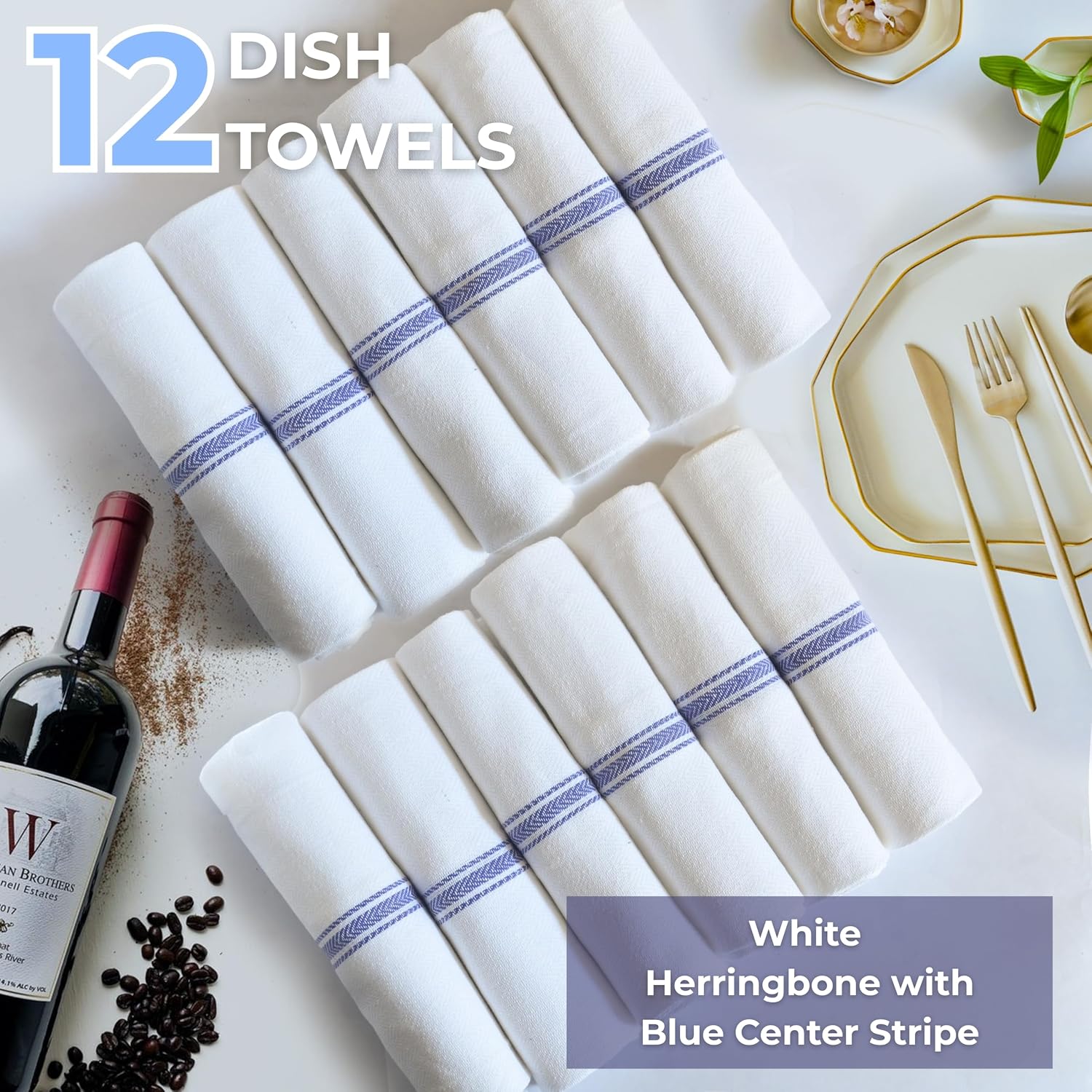 Bulk Kitchen Towels Cotton for Chefs in Commercial Restaurants - 15"X25" - 12 Pack - White Linen Tea Dish Towels - Lint Free Soft Absorbent Center Blue Striped Herringbone Weave Towles