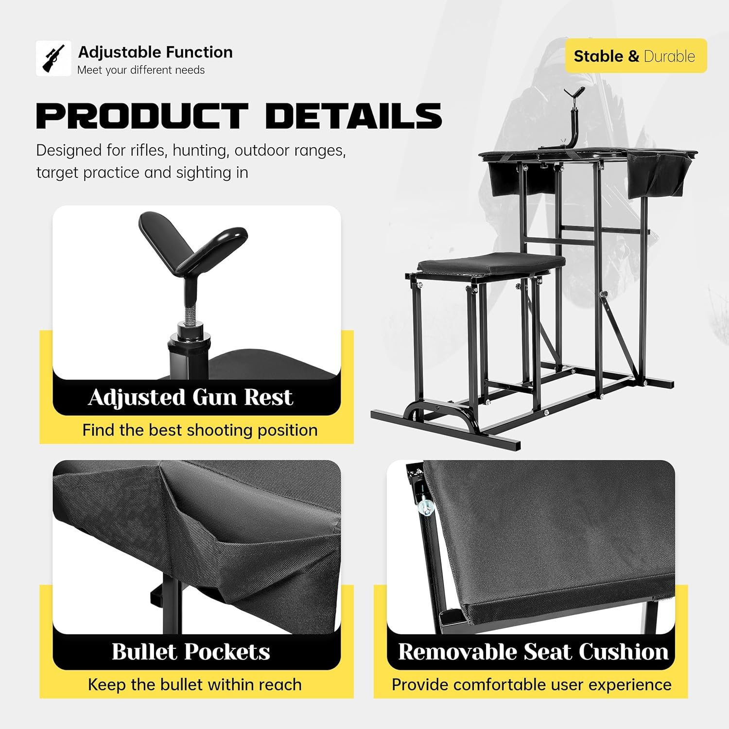 HECASA Portable Shooting Table Seat Set, Height Adjustable Gun Rest and Ammo Pockets for Outdoor Range Hunting