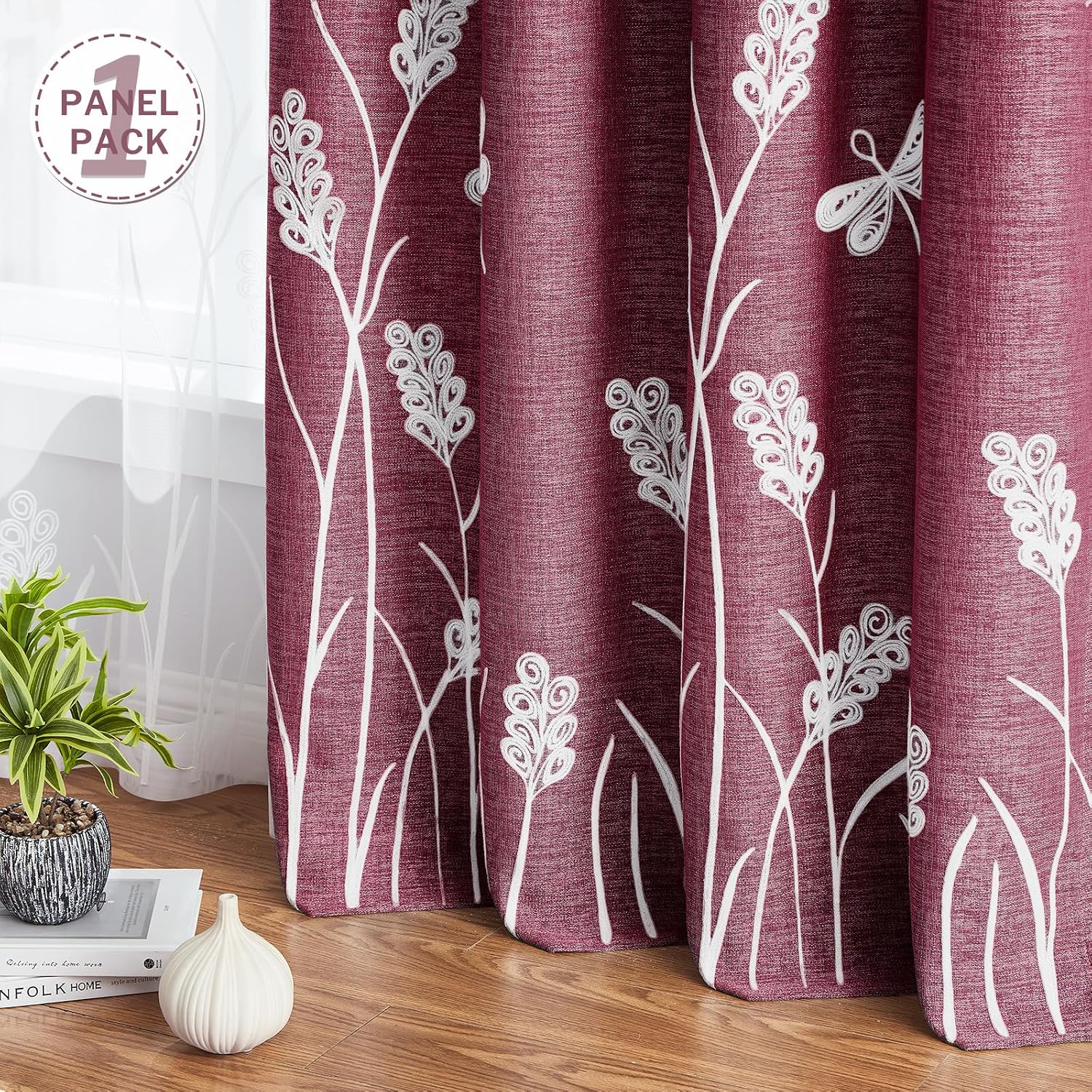 Melodieux Extra Wide Embroidery Curtain for Patio Sliding Door, Living Room Farmhouse Floral Patterned Room Darkening Linen Textured Grommet Drape, White Wheat/Burgundy, 100" W x 96" L, 1 Panel