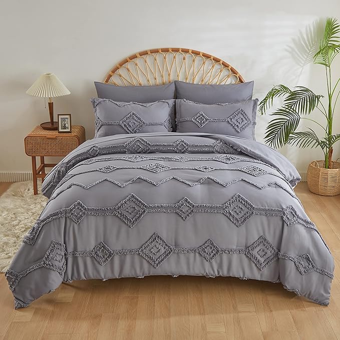 Grey Tufted Bed in a Bag King Size 7 Pieces, Geometry