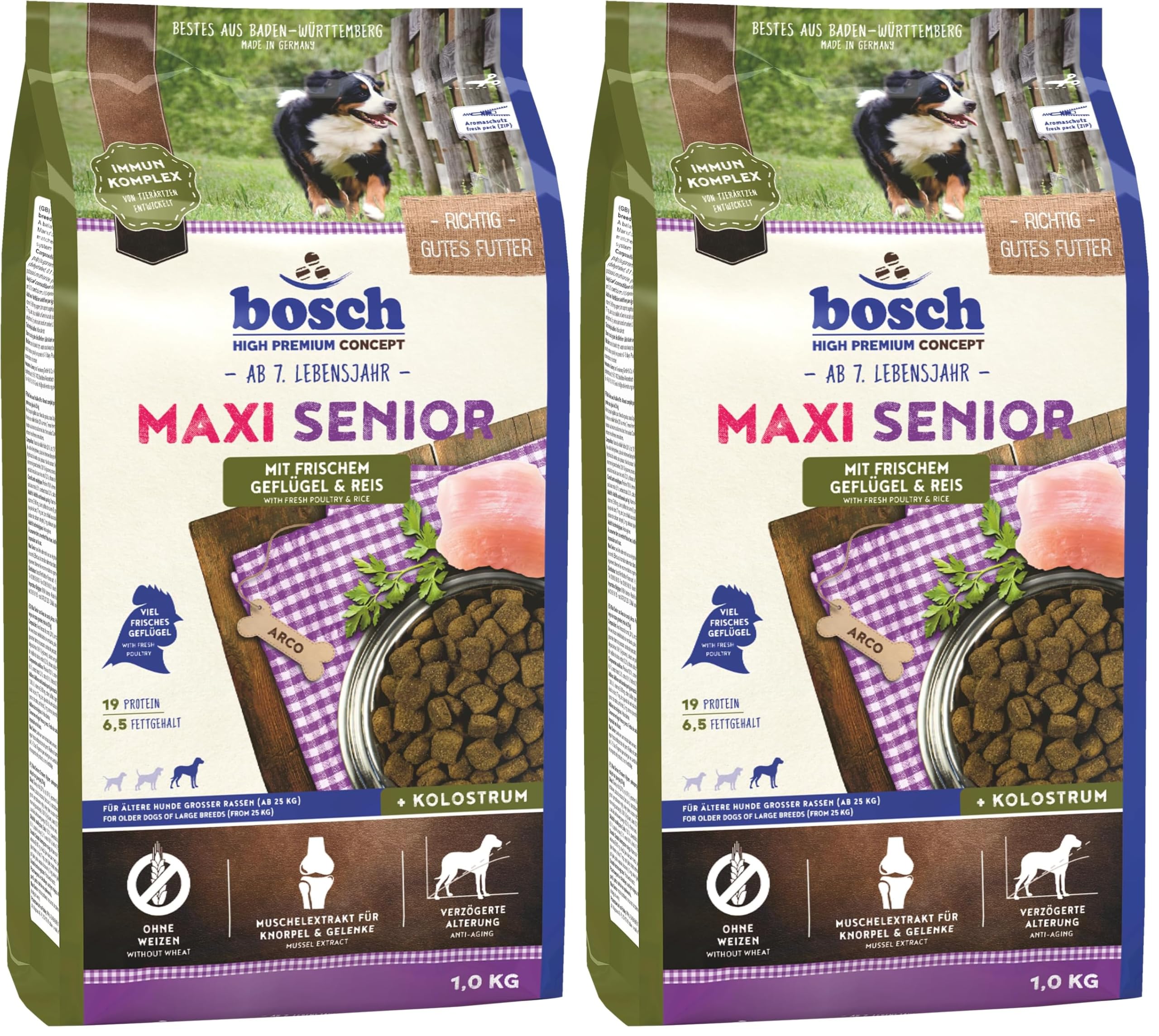 Bosch HPC Maxi Senior mit frischem Geflügel & Reis | Hundetrockenfutter für ältere Hunde großer Rassen (ab 25 kg) | 1 x 2.5 kg (Packung mit 2)