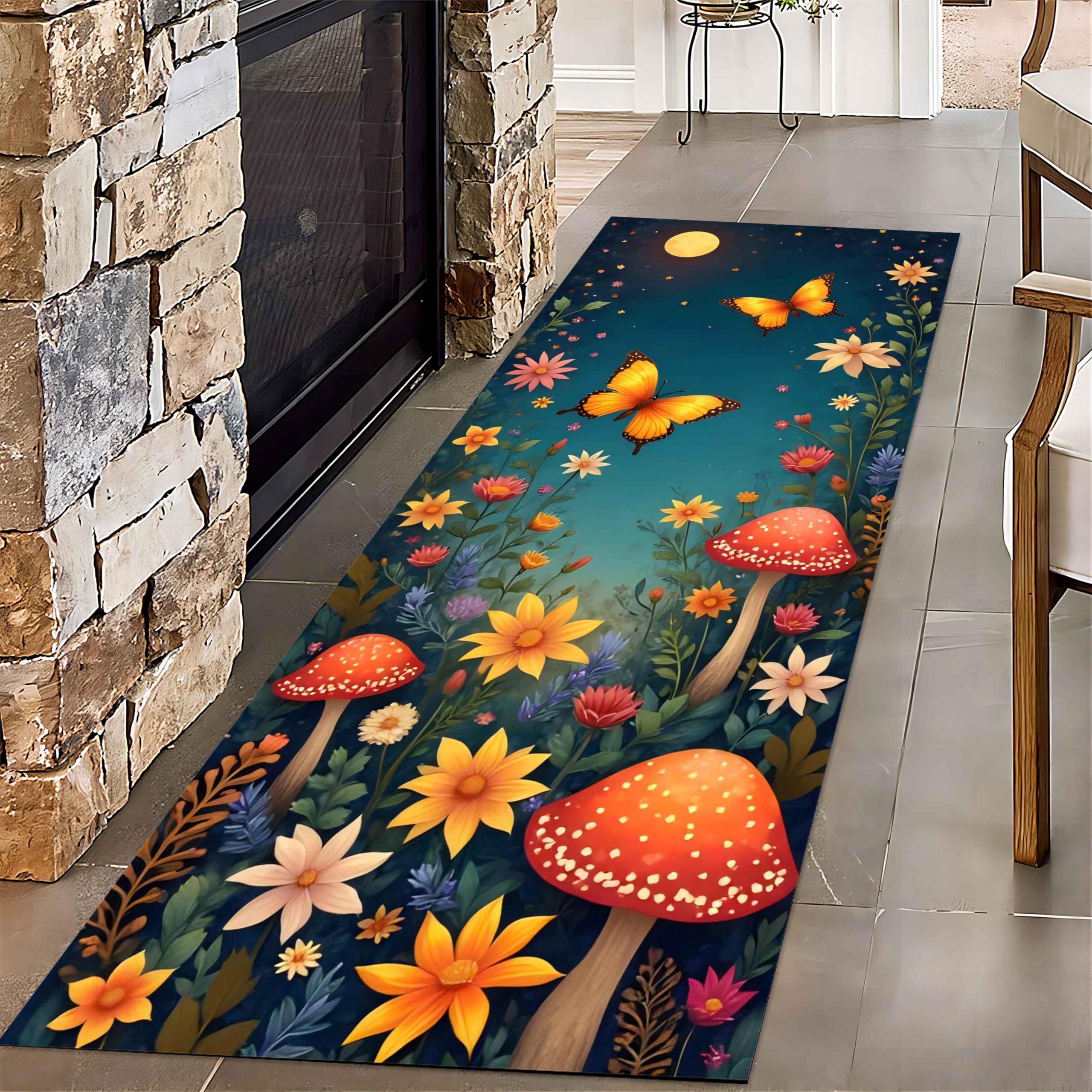 UNREASTO Colored Flower Floral Runner Rug, 2x6ft, Plant Insect Yellow Butterfly Red Mushroom Bohemian Chic Hallway Rug, Non-Slip Absorbent Pet