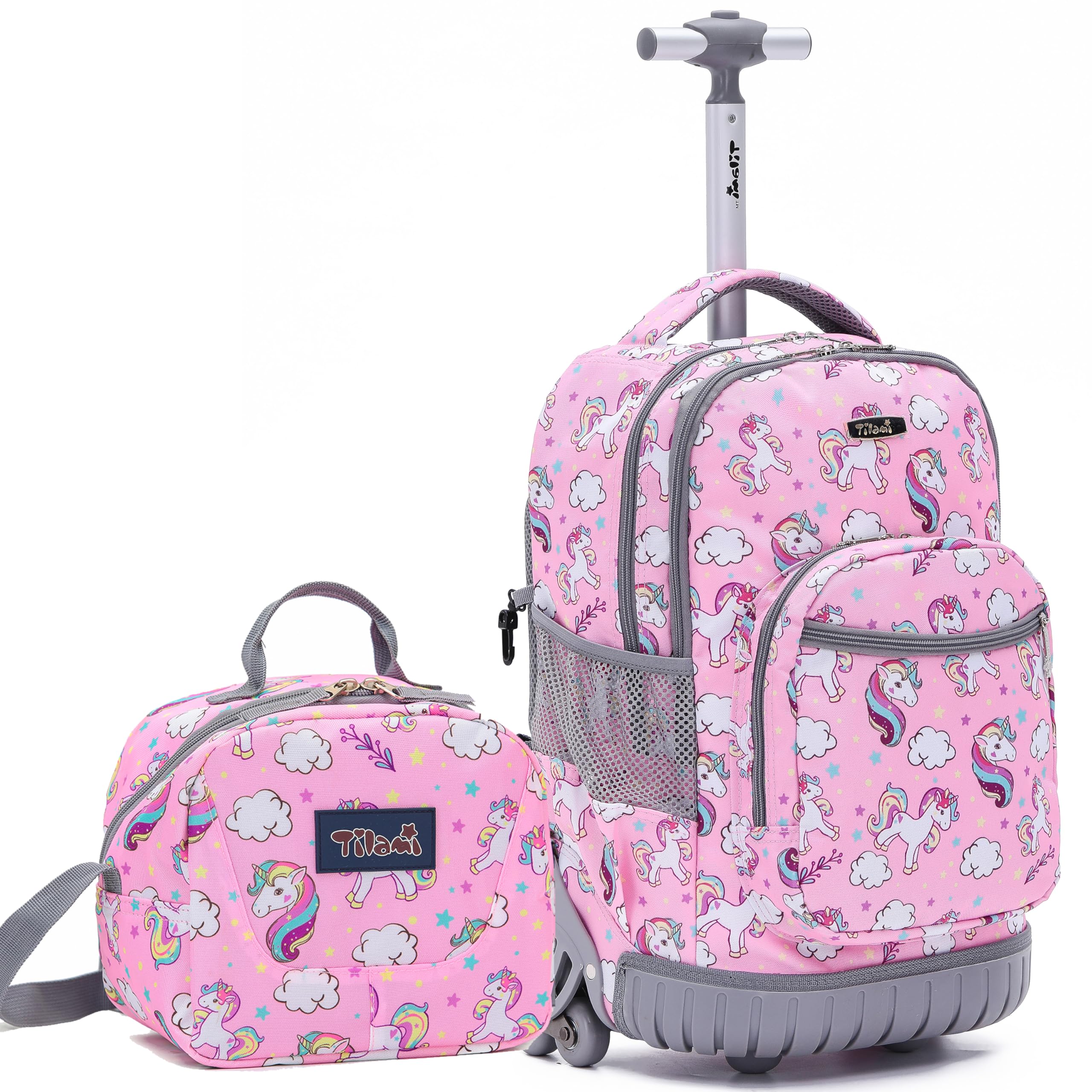 NEW TILAMI 18" Kids Rolling Backpack for School - Waterproof, Durable, Stair-Climbing, Variety of Colors Patterns for Girls & Boys, Cute Pink Unicorn