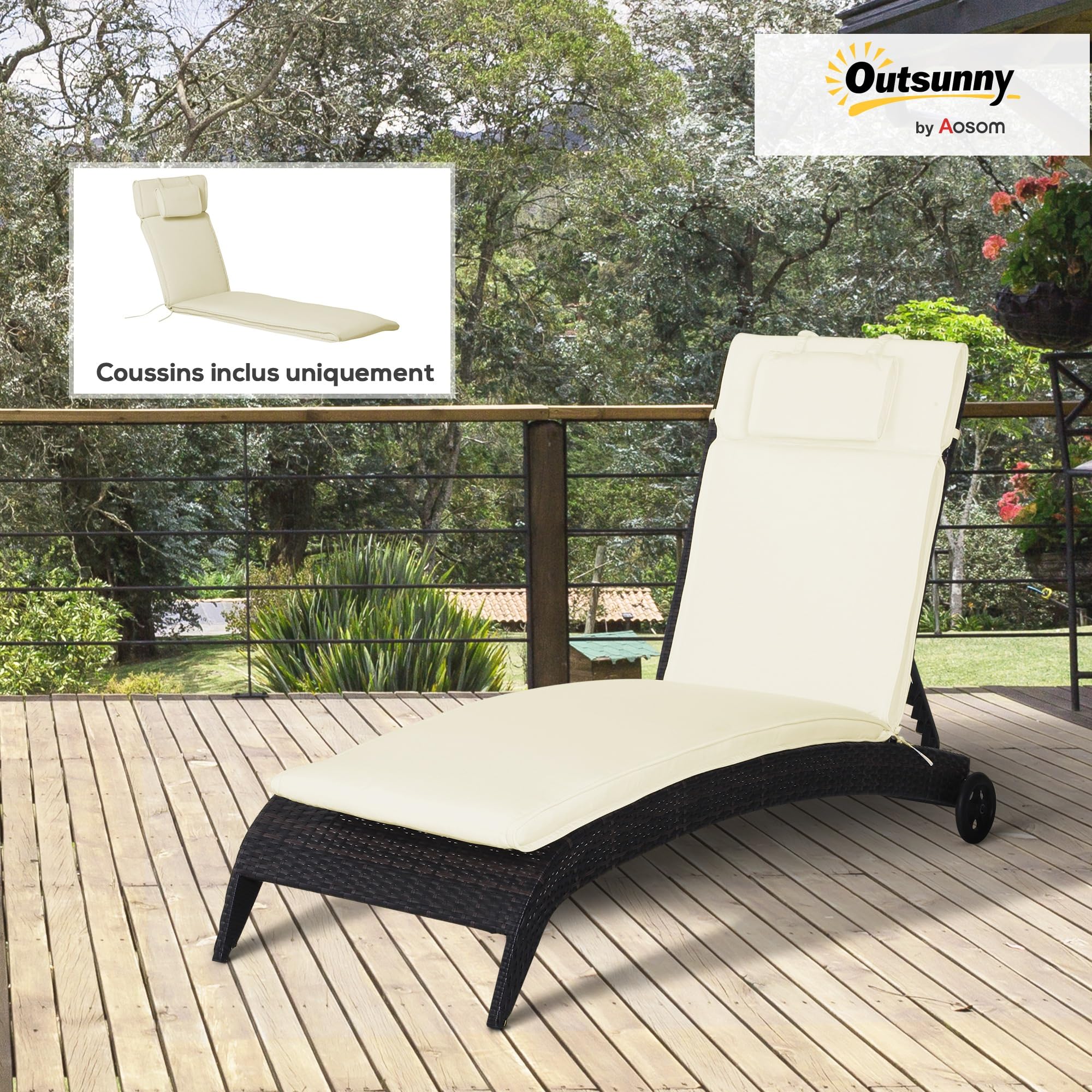 Outsunny Coussin Bain de Soleil Déhoussable Zippé 198 x 53 x 5 cm Crème