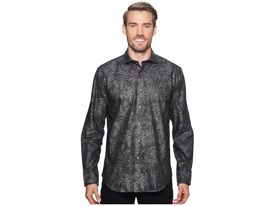 

BUGATCHI Shaped Fit Palm Fronds Woven Shirt (Black 1) Men's Long Sleeve Button Up