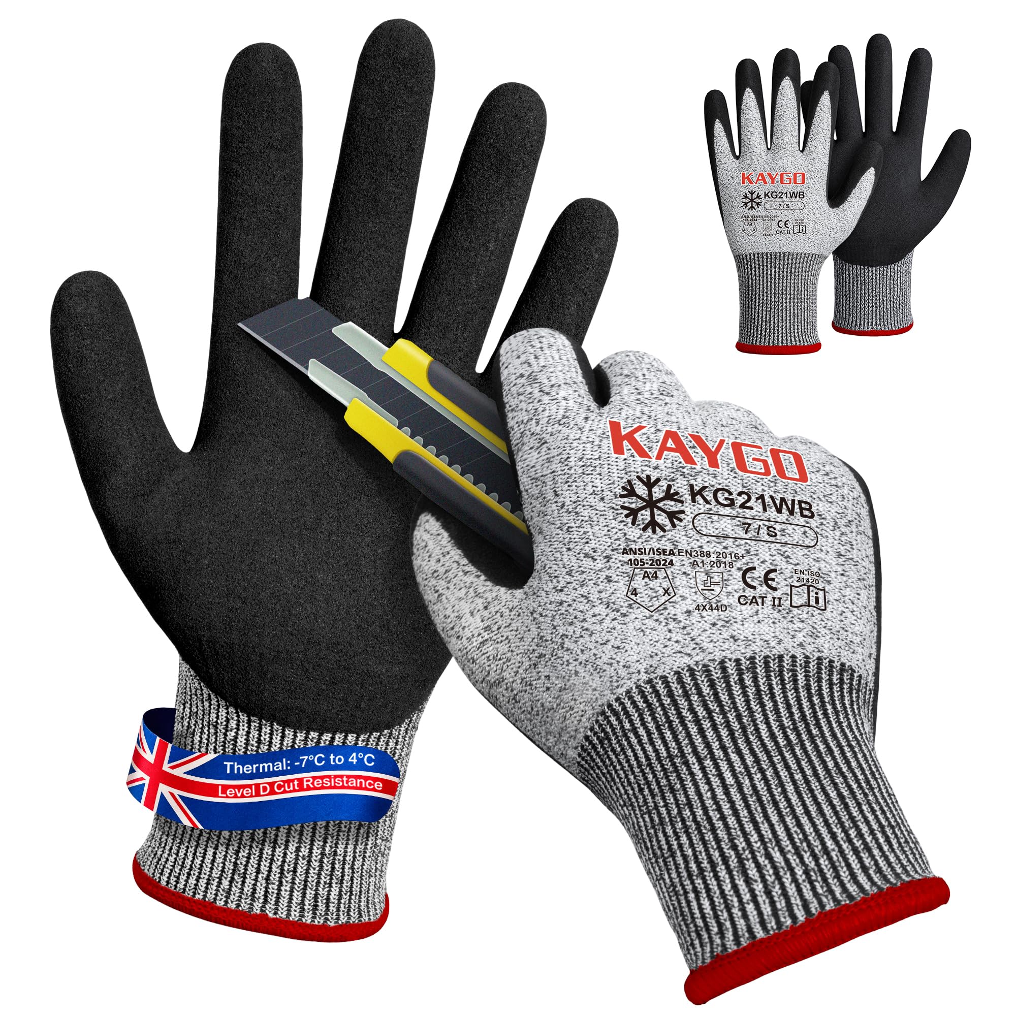 KAYGO Thermal Safety Work Gloves Sandy Nitrile Coated 2 Pairs, KG21W