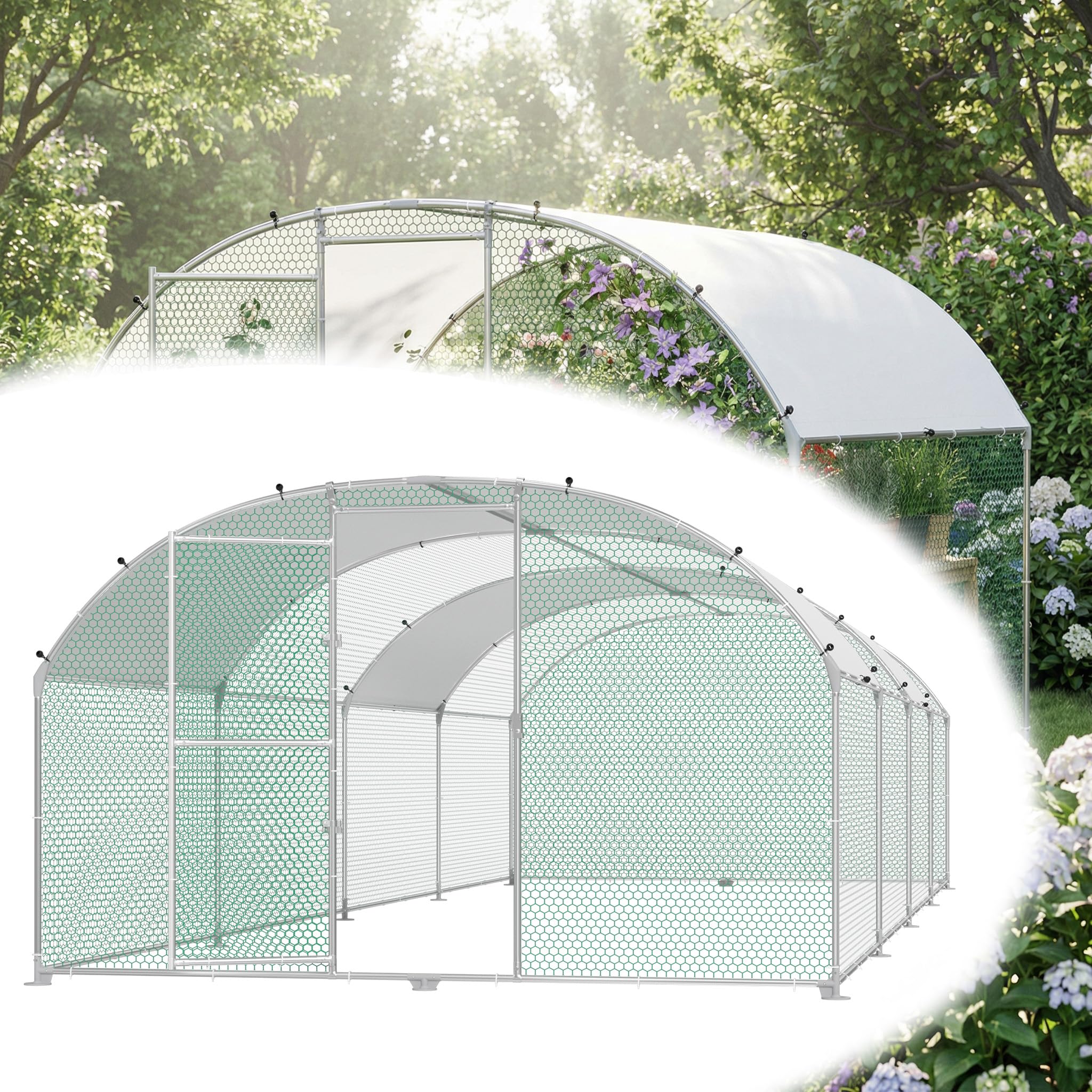 Freilaufgehege Bogen Dach 3x8x2m,Hühnerstall aus Verzinkter Stahl Mit PE Dachabdeckung,Verdickte PVC Verbinder &Riegel für Haustierkäfig Hühnerkäfig Kleintiere Pflanzen