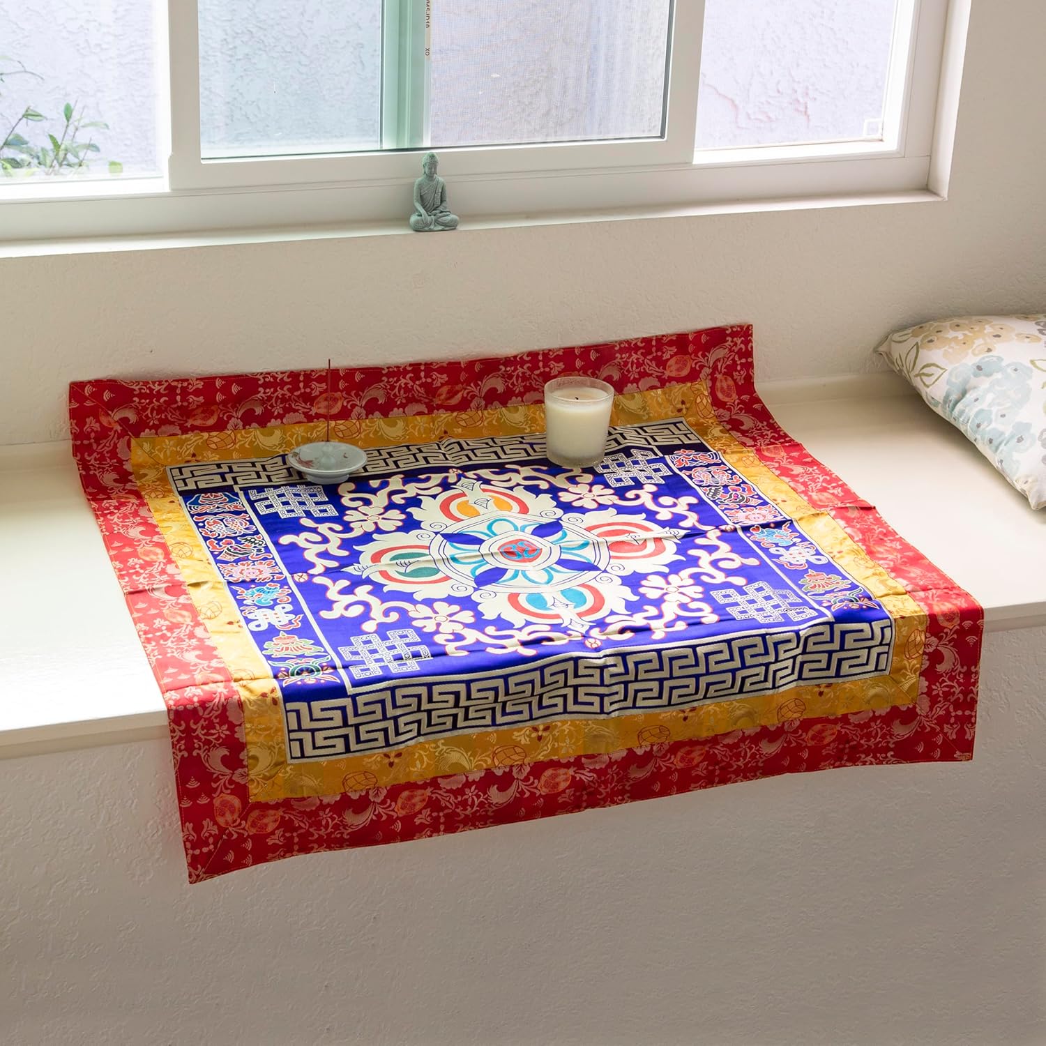 Multi-Color Tibetan Buddhist Ashtamangala Vajra Silk Brocade Shrine Table Cover Altar Cloth, 35”X35”, Asian Chinese Indian Art Home Decoration
