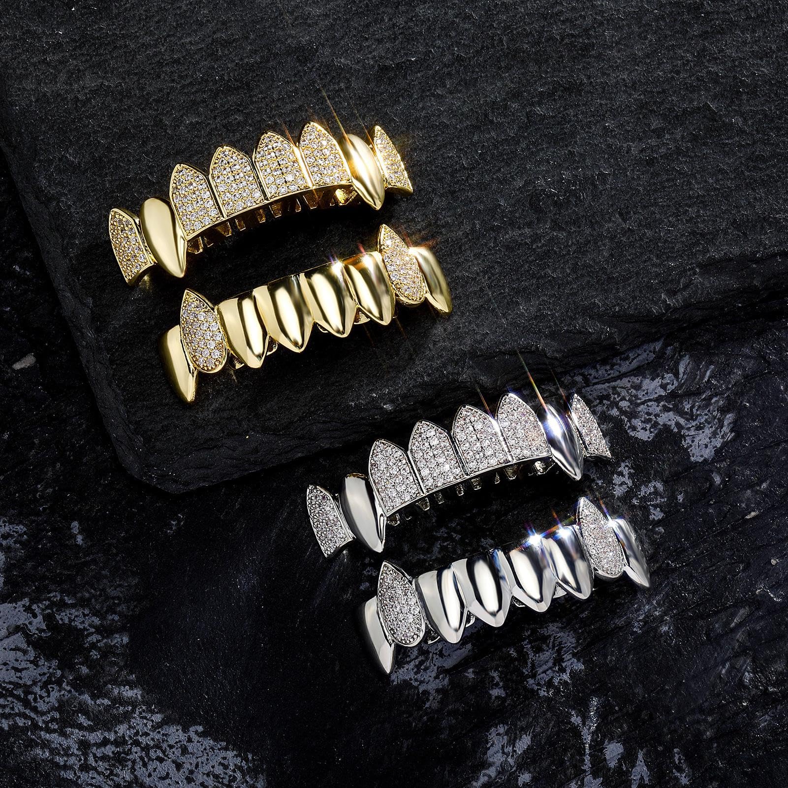 Generic Hip Hop Cosplay Braces Dientes Grillz Halloween Street Rap Fangs Zirconia Gold Plated Iced Out Vampiro Dientes con barras de moldeo extra,Plata
