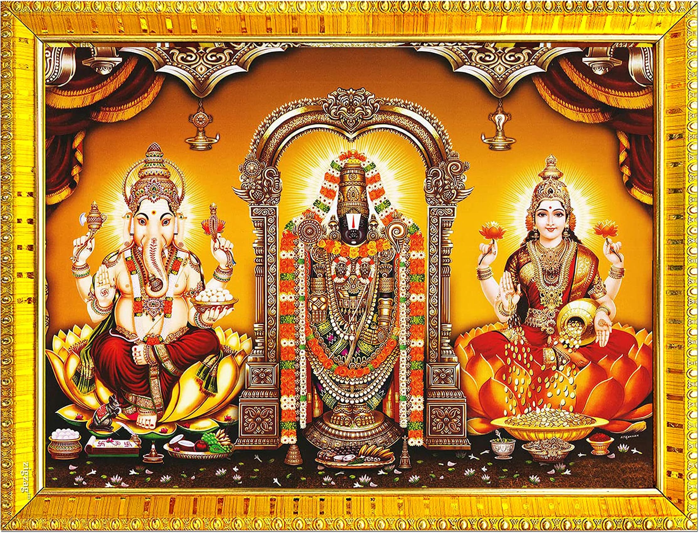 zig zag Tirupati Balaji Venkateshwara Swamy with Ganesha and Lakshmi Maata Photo Frame For Wall / Table / Pooja Room ( 7x9 inches, Acrylic Glass) Golden