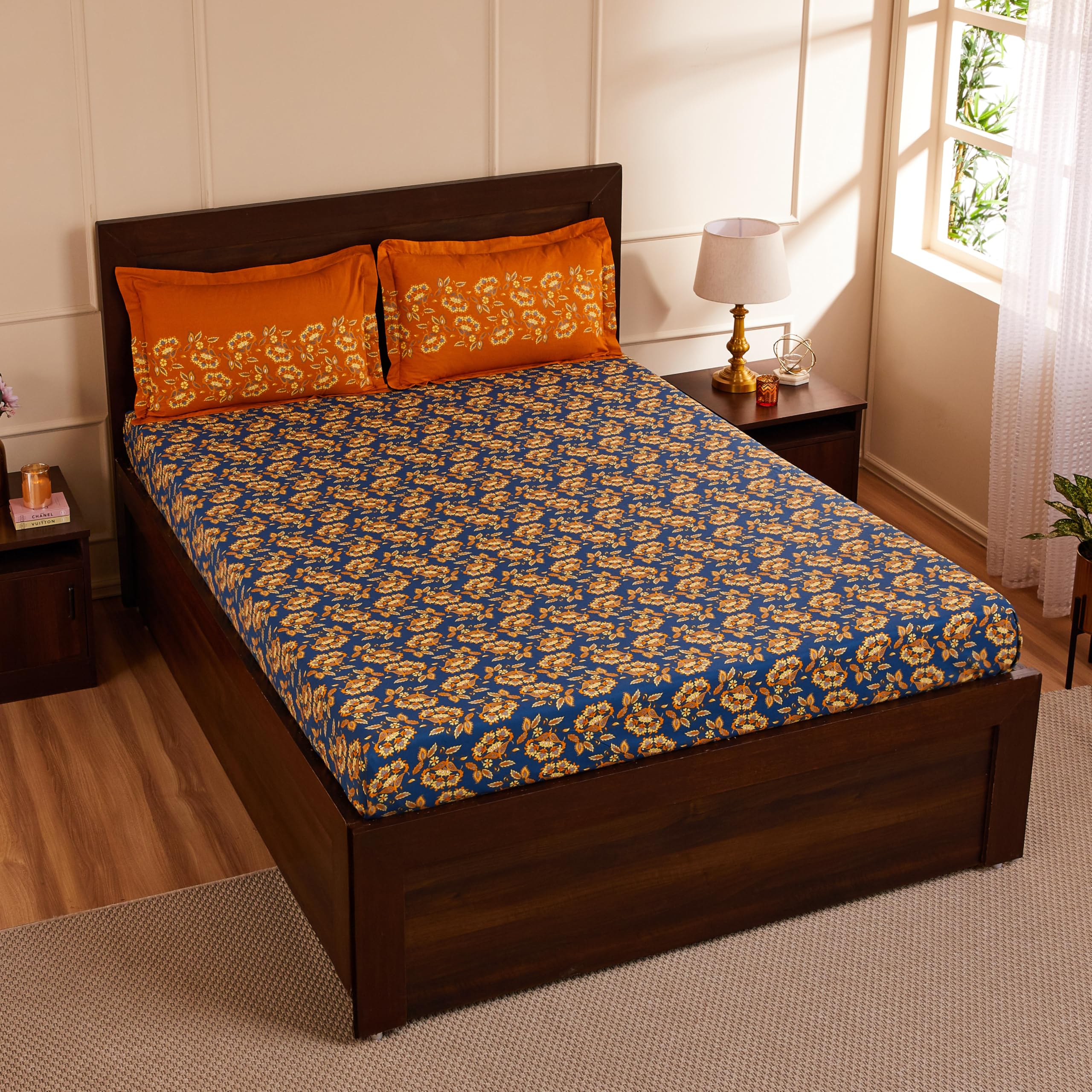Amazon Brand - Solimo Ditsy Dale 144 TC Cotton Double Bedsheet with 2 Pillow Covers, Blue-image-12