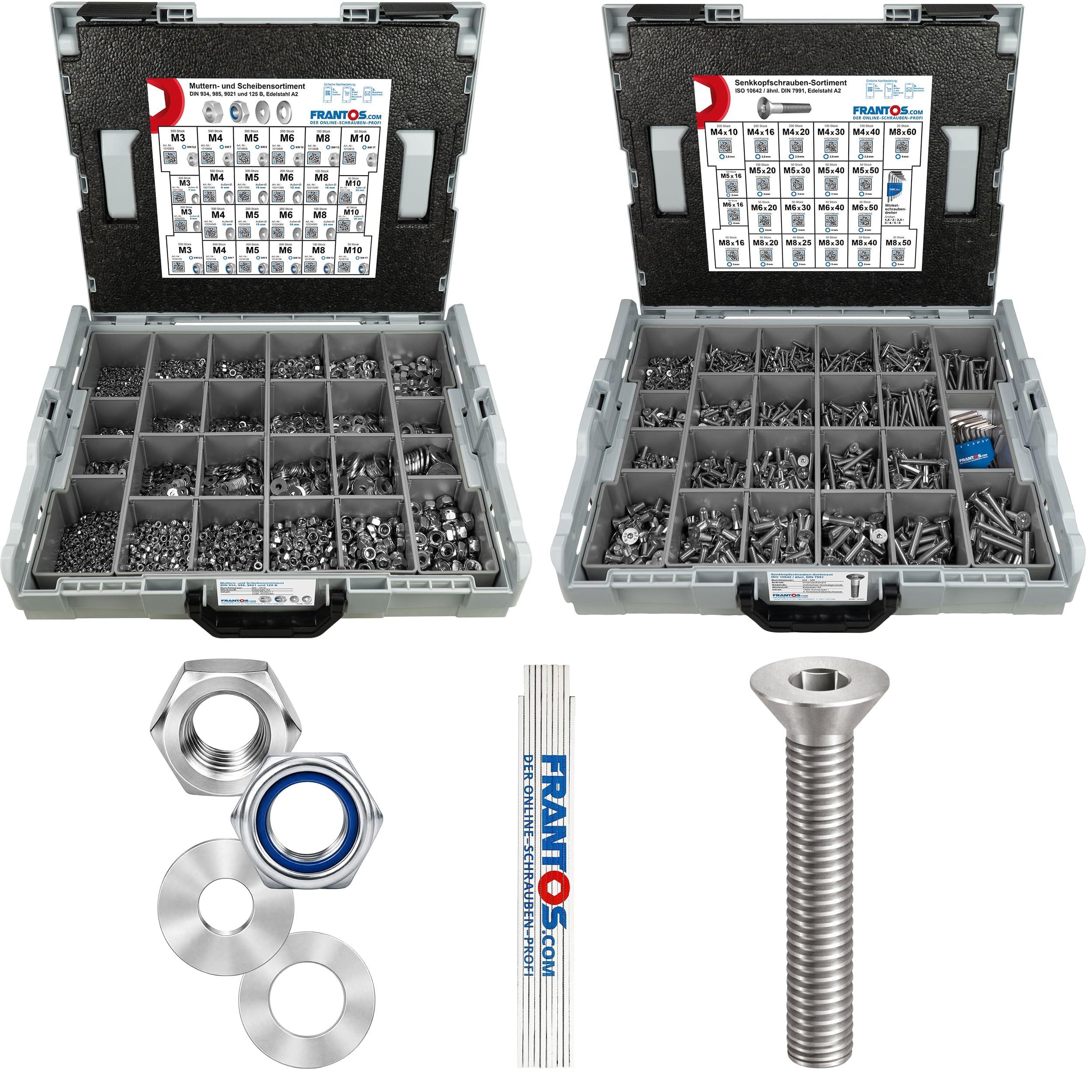 FRANTOS L-BOXX Schrauben Muttern Sortiment 8.190 tlg. (Edelstahl A2) Set aus ISO 10642 Senkkopfschrauben + Sechskantmuttern, Stoppmuttern & Unterlegscheiben inkl. Meterstab
