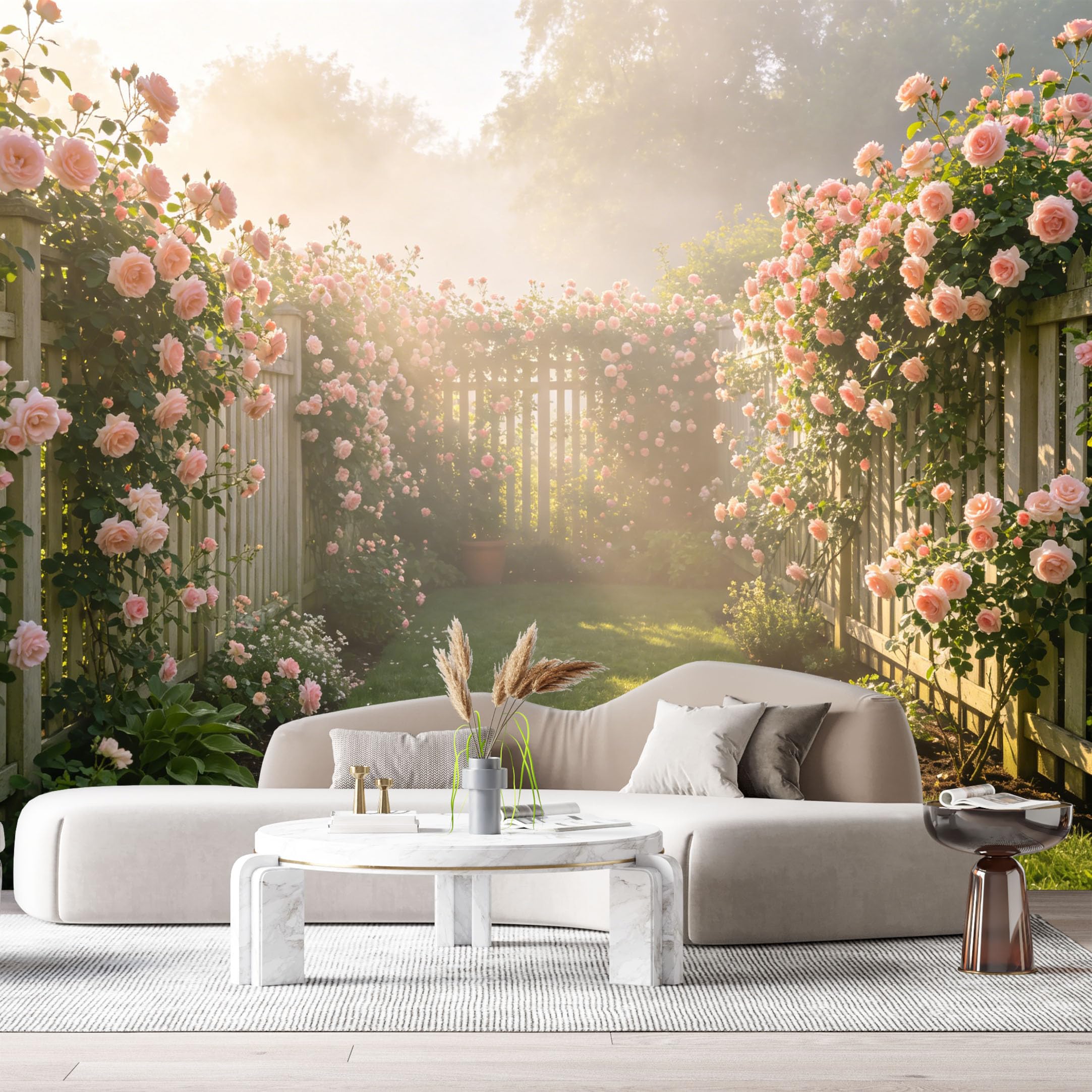 Custom Size Wall Murals Botanical Farmhouse Pink Rose Garden Morning Fog White Wood Fence SelfAdhesive Wall Fabric Removable Large Wallpaper for Photo Living Room