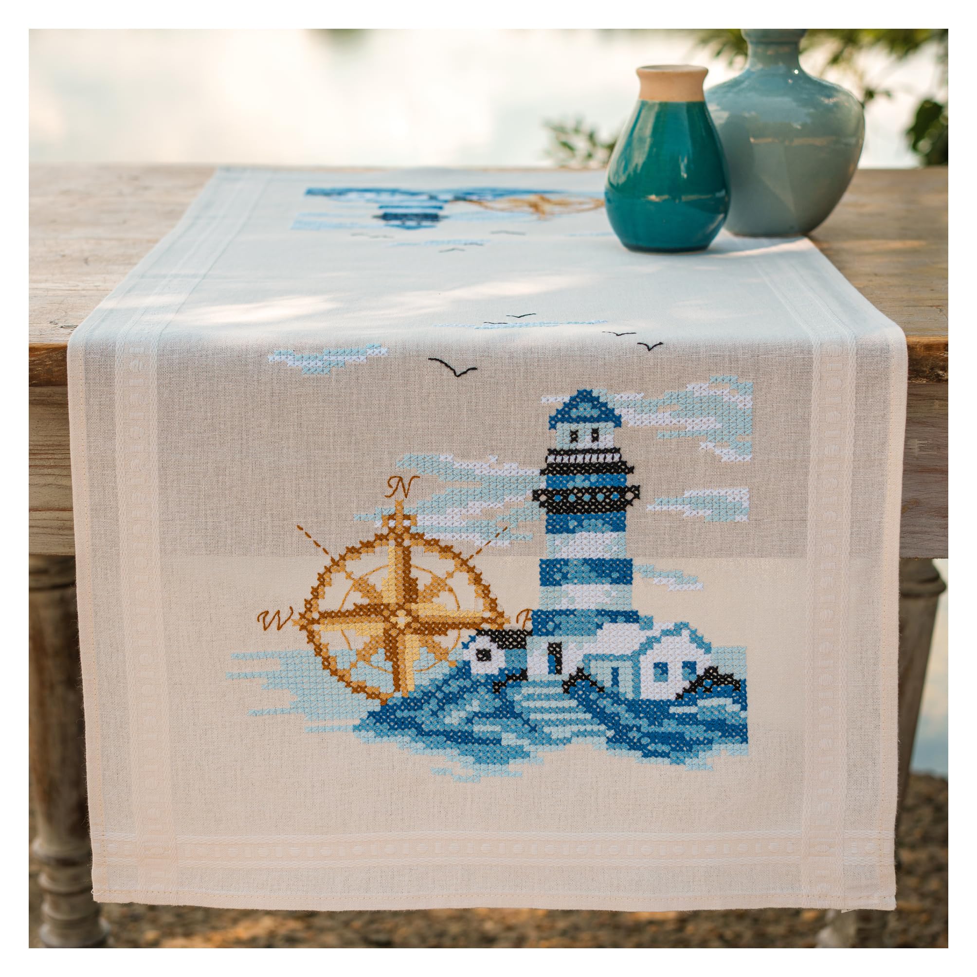 VERVACO Kit Point De Croix Pré-Imprimé Chemin De Table MARINE Broderie Kit Complet Adulte Loisir Créatif Maison Decoration Manuelle Table Cadeou DIY ca. 40 x 100 cm Cross Stitch Embroidery