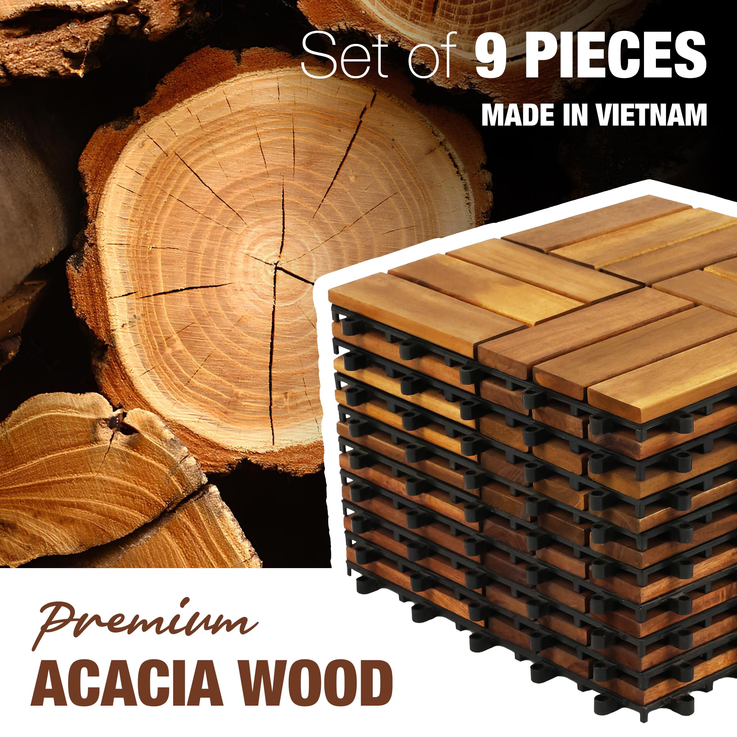 Piastrelle ad incastro in legno di acacia, 30,5 x 30,5 cm, per patio, esterni, impermeabili, per esterni, ad incastro per balcone, cortile, giardino e piscina, per tutte le condizioni atmosferiche, 10