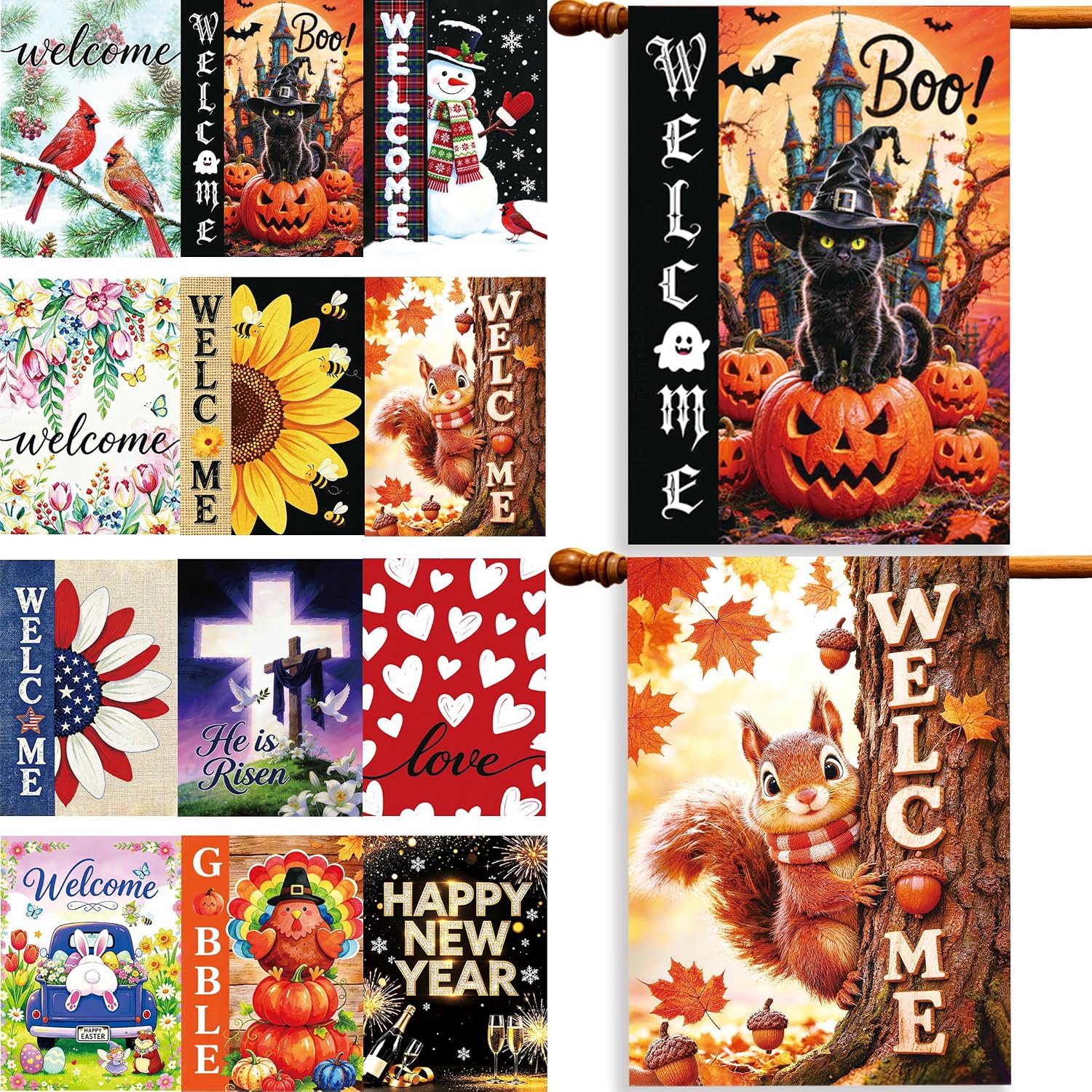 Seasonal House Flags Set of 12 Double Sided 28 x 40 Inch Garden Flags for Outside,Yard Flags,Outdoor Home Decorfor for All Seasons,Holiday Decoration for Christmas, Halloween, Easter, 4th of July, Thanksgiving
