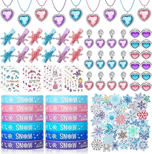 134 piezas de regalos de fiesta de princesa, joyería de princesa, collar de copo de nieve, aretes, calcomanías de copo de nieve, pinzas para el
