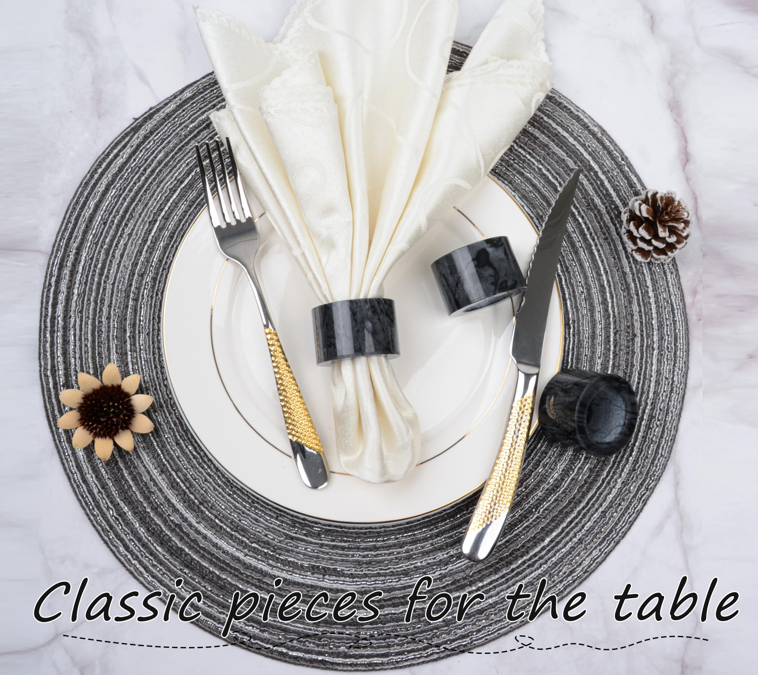 GMYIAK 6Pcs Marble Napkin Holder and 1Pcs Bracket,Napkin Ring,Napkin Holder,Round Napkin Rings,Modern Napkin Ring Decorative Rack Organiser for Kitchen,Dining Room,Hotel Table Countertop (Black) - Image 4
