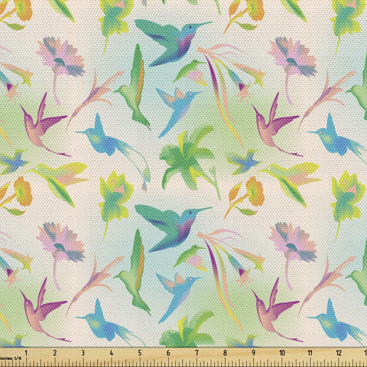 Lunarable Hummingbird Fabric by The Yard, Colibri and Flowers Pattern Colorful Arrangement Exotic Summer Illustration, Decorative Fabric for Upholstery and Home Accents, 2 Yards, Teal Green