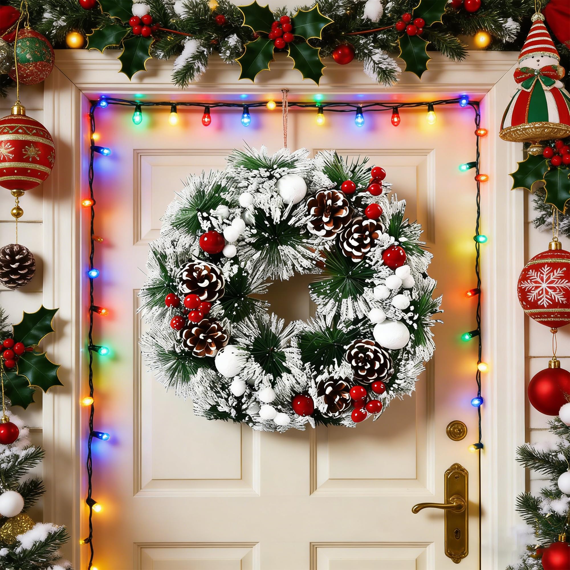 Ghirlanda di Natale da 30cm, ghirlanda per porta con palline di Natale, fiori di Natale, bacche e pigne per la porta d'ingresso, il camino e la decorazione della parete decorazione interna ed esterna