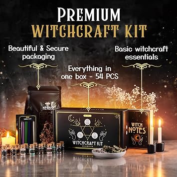 Wyspell Witchcraft Supplies Kit - 54PCS - Witch Kit for Altar: Spell Candles, Dried Herbs, Healing Crystals in Jars - Wiccan Supplies & Tools - Witchy Gifts for Beginners