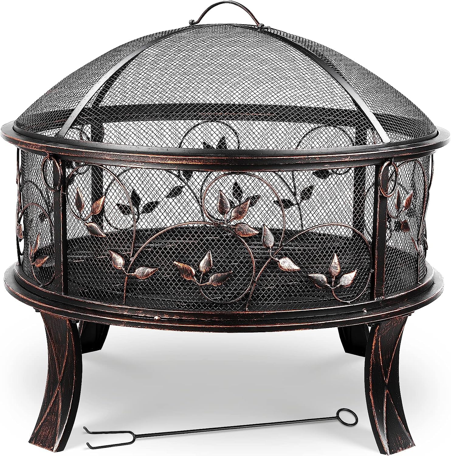 TLGREEN Braciere da giardino, braciere da Esterno con parascintille, stabile, fire pit 71 x 65 cm, con griglia per poker, 4 PCS piede, campeggio, spiaggia, tetto, look retrò, squisito motivo erba