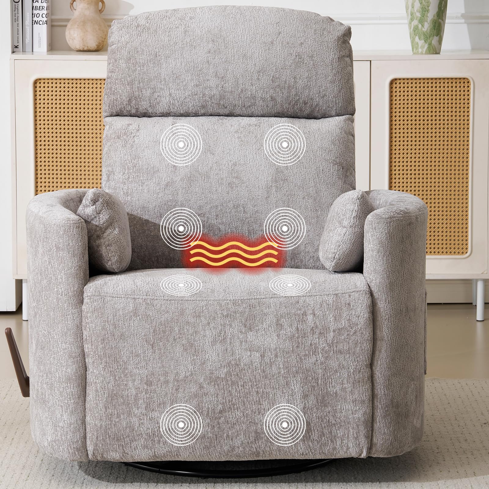 Oversized Swivel Rocker Recliner with Massage and Heat, Rocker Nursery Recliner for Adults with Adjustable Headrest, 26" Extra Wide Nursery Chair with