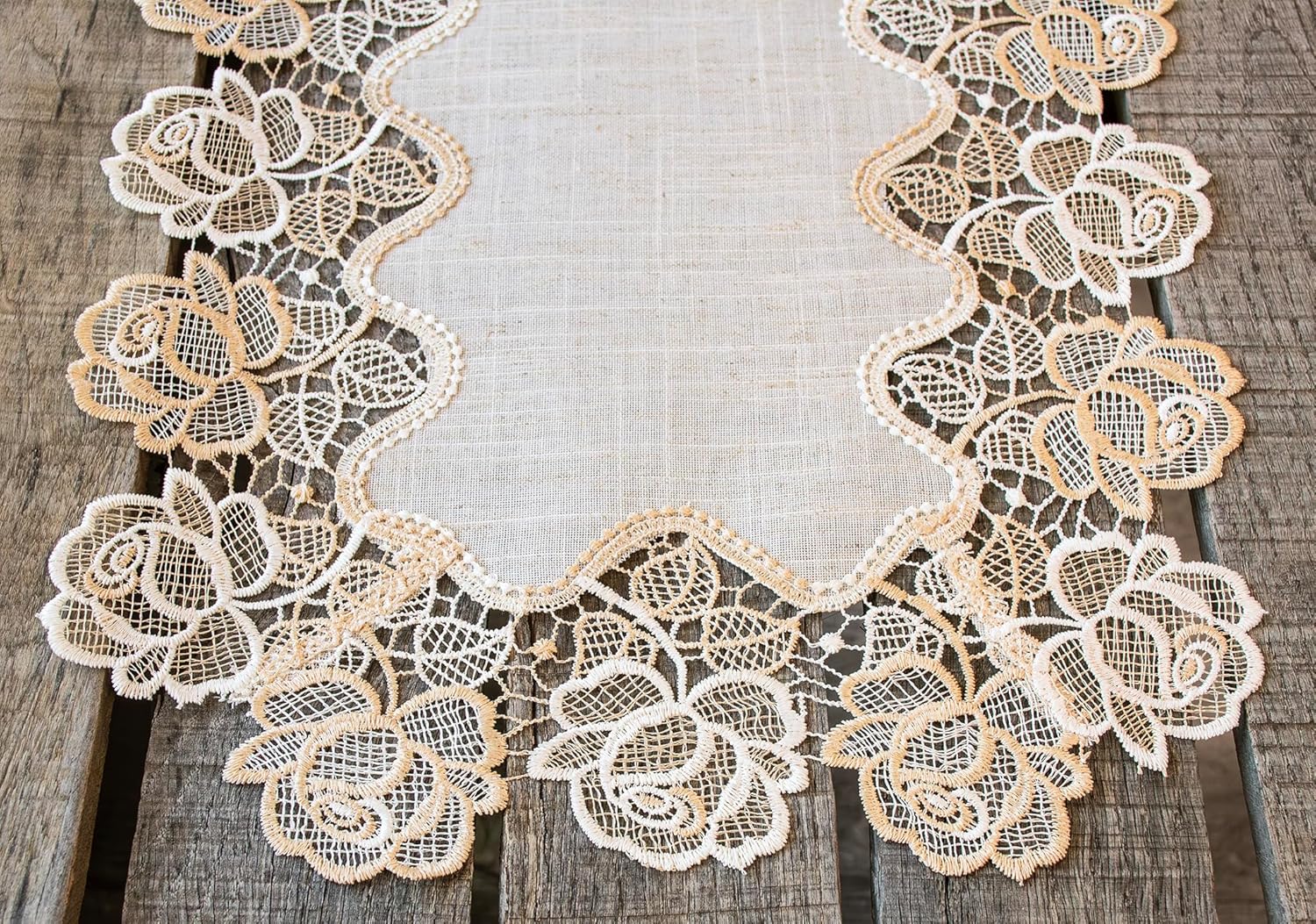 Beige Rose Lace Table Runner, Dresser Scarf, Vitage Charm (14Wx27L)