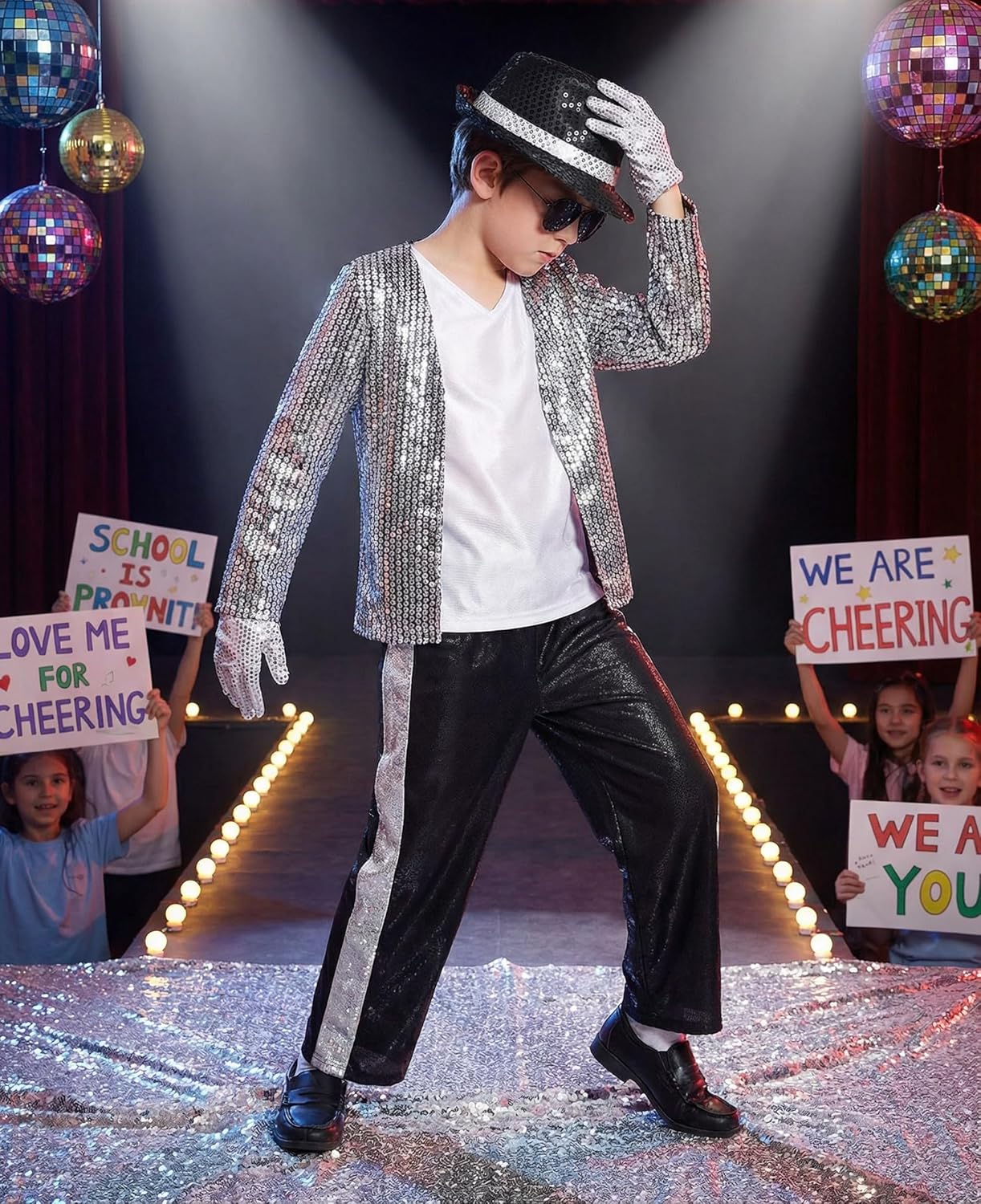 Kids Dance Star Costume for Boys 80s 90s Hip Hop Stage Outfits for Halloween Cosplay Black 6-7 Years