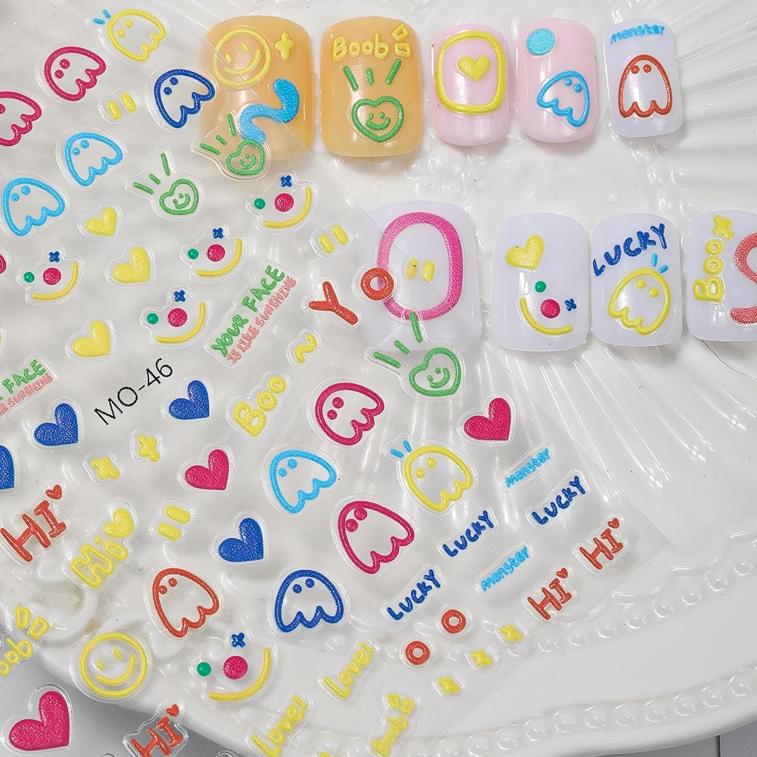 Dedyel Colorful Smile Face Nail Stickers 5D Embossed Simple Graffiti Self-Adhesive Stickers for Nail Art Decoration for Men Women Couples