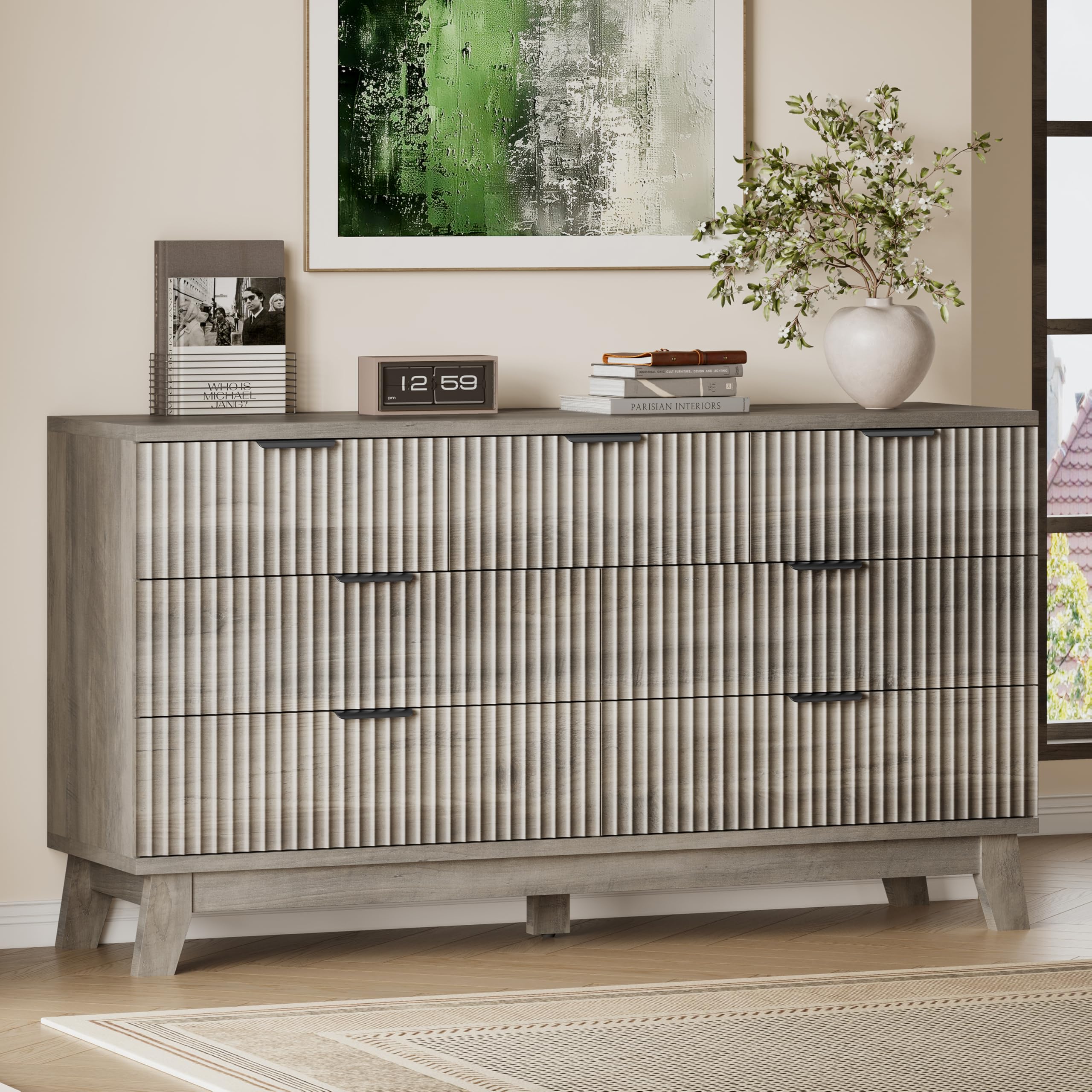 BORNOON 57" Long Dresser for Bedroom, 7-Drawer Fluted Chest, Wide Wood Storage Dresser with Metal Slides and Handles, Stable Base, Modern Clothes Organizer for Primary Suite, Guest Room, Nursery