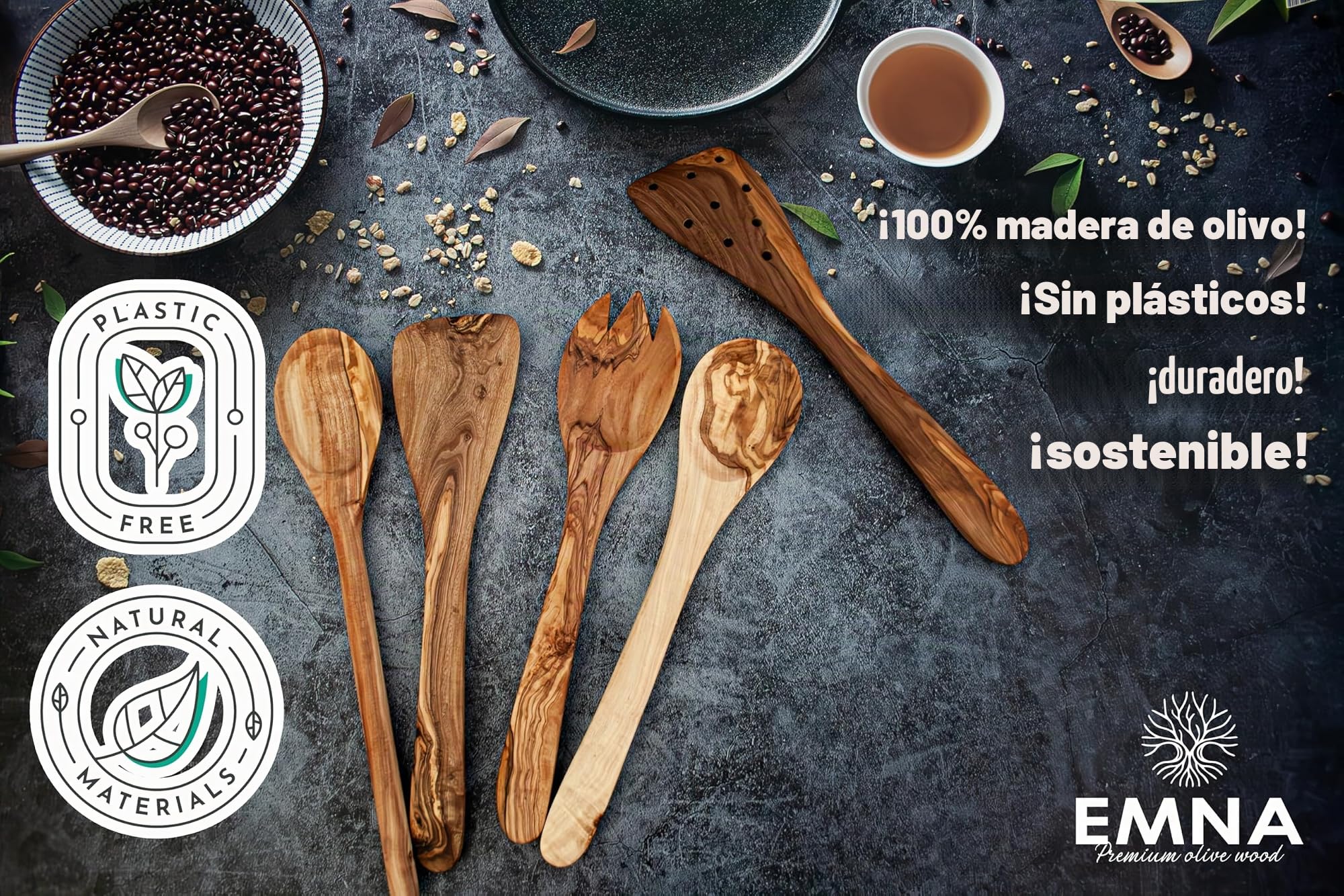 EMNA – Juego de utensilios de cocina de madera de olivo de 5 piezas | Hecho a mano y sostenible | Cuchara de cocina de 30 cm, espátula plana y ranurada, cubiertos para ensalada, antibacteriano,