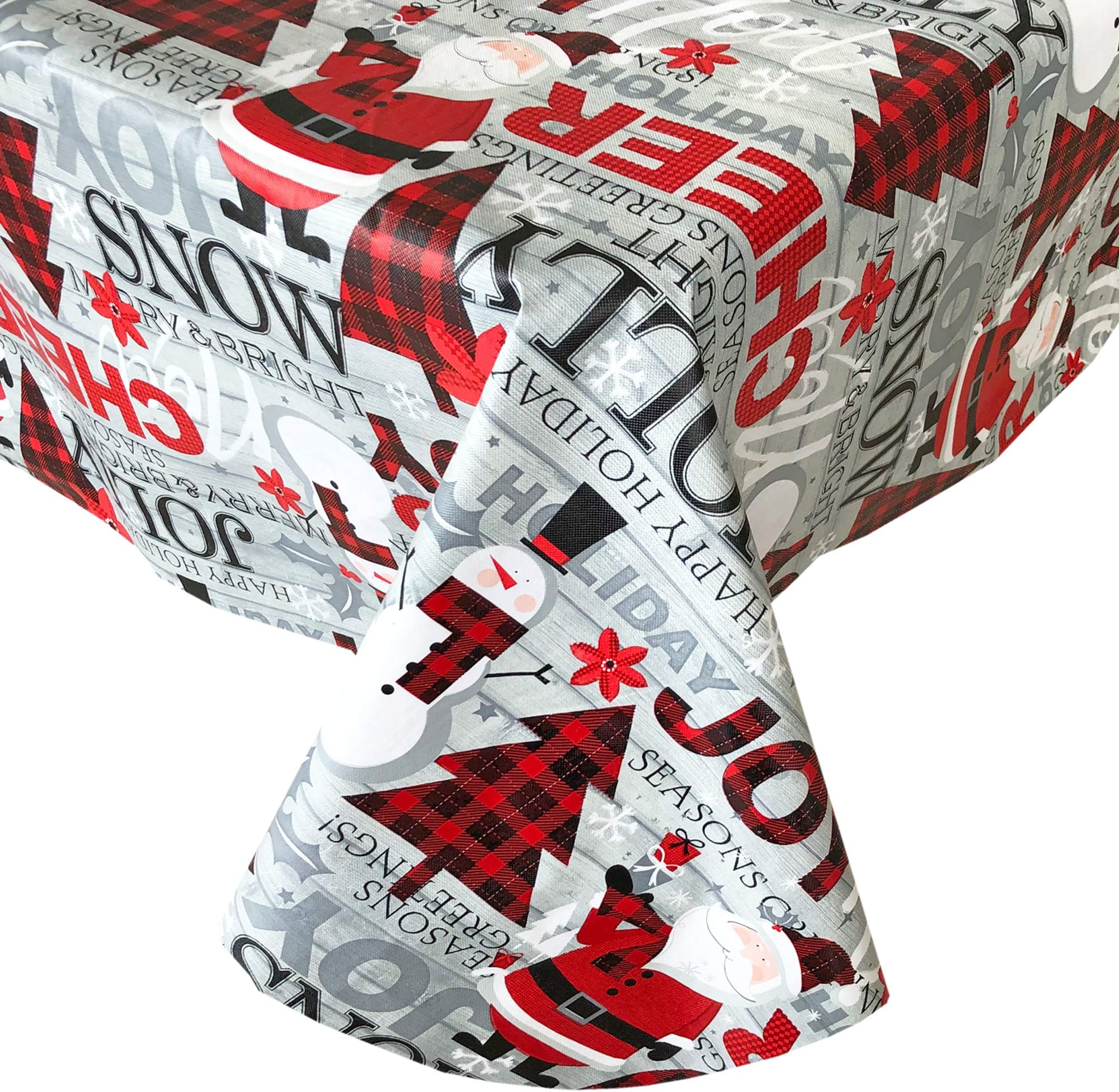 Newbridge Country Plaid Santa and Snowman Christmas Vinyl Flannel Backed Tablecloth - Red Plaid Jolly Santa Print Wipe Clean Easy Care Kitchen, Dining Room Tablecloth, 70" Round