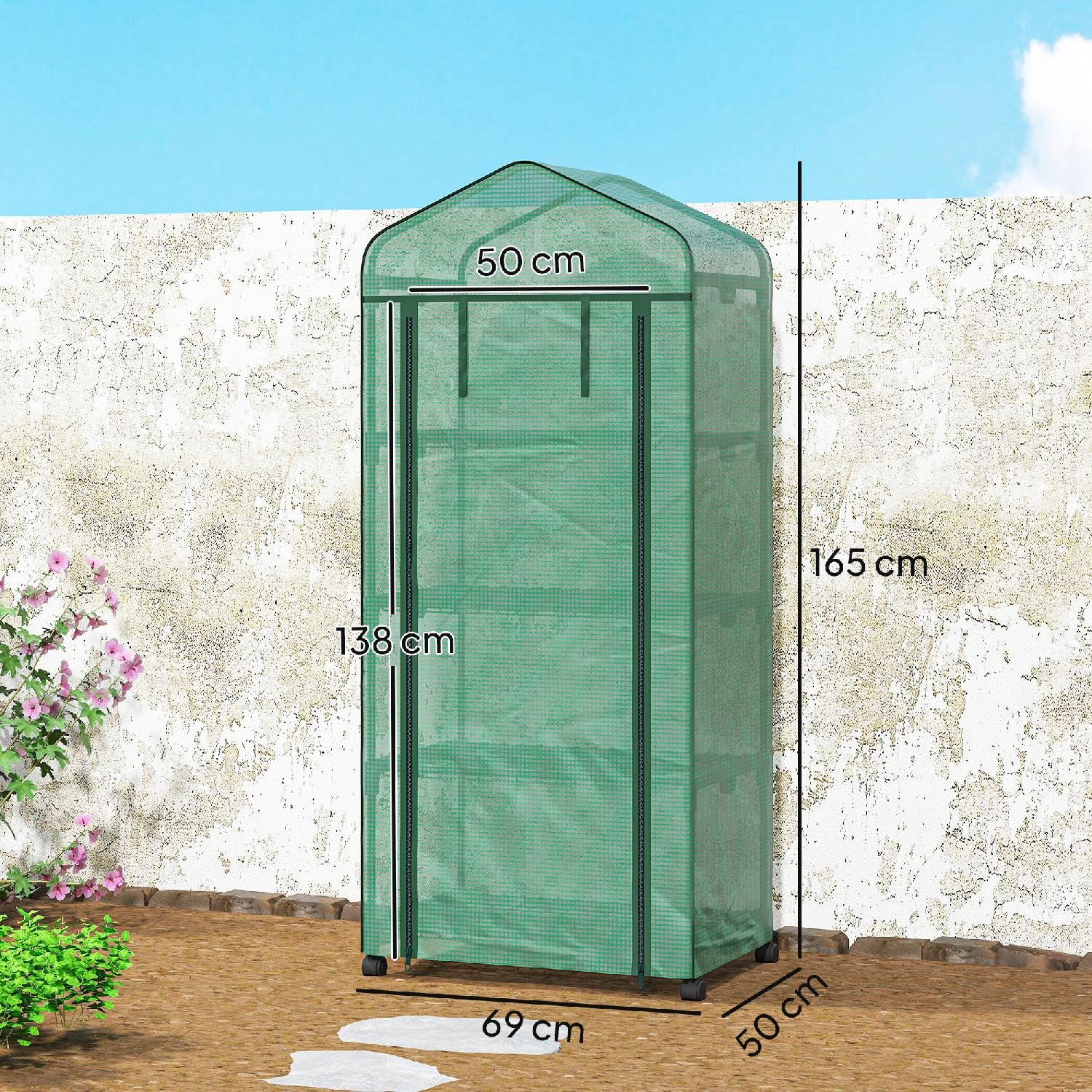 Mini Serra da Giardino a 4 Livelli con 4 Rotelle e Ingresso Avvolgibile in Acciaio e PE 69x50x165 cm colore Verde
