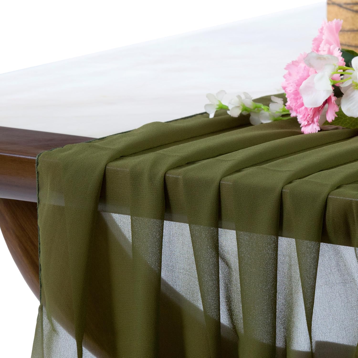 VDS Pack of 6 Chiffon Table Runner 27” x 120” (10ft) – Sheer Soft Flowing Fabric Wedding Table Runner for Party, Reception, Birthday, Event, Home, Banquet & Hotel Dinner Table Décor - Olive Green