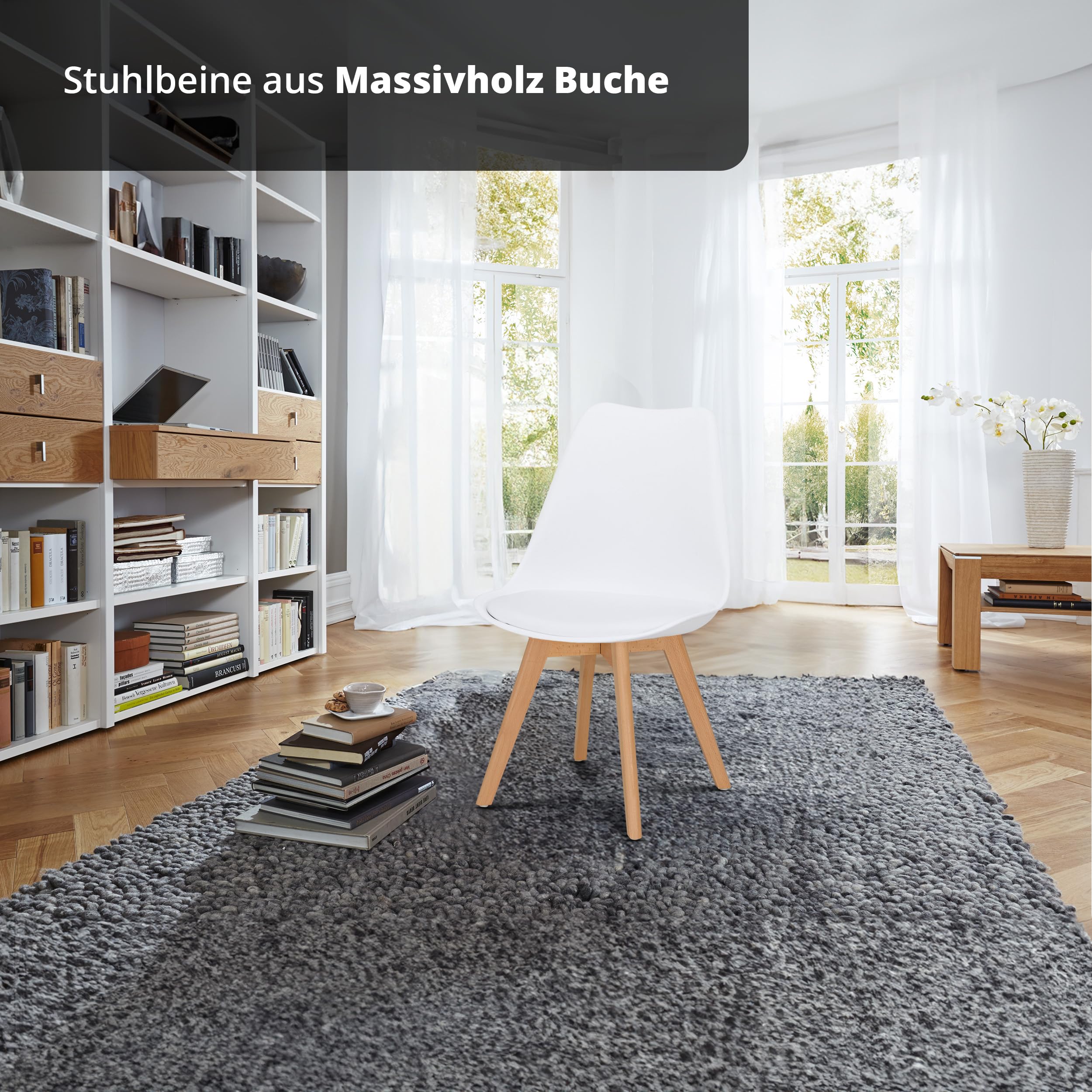 KHG Esszimmerstuhl Polsterstuhl Skandi Look - Stuhlbeine Massivholz Buche, Kunststoff Sitzschale, gepolstertes Kunstleder-Sitzkissen, modern & pflegeleicht, belastbar bis 150 kg - Weiß