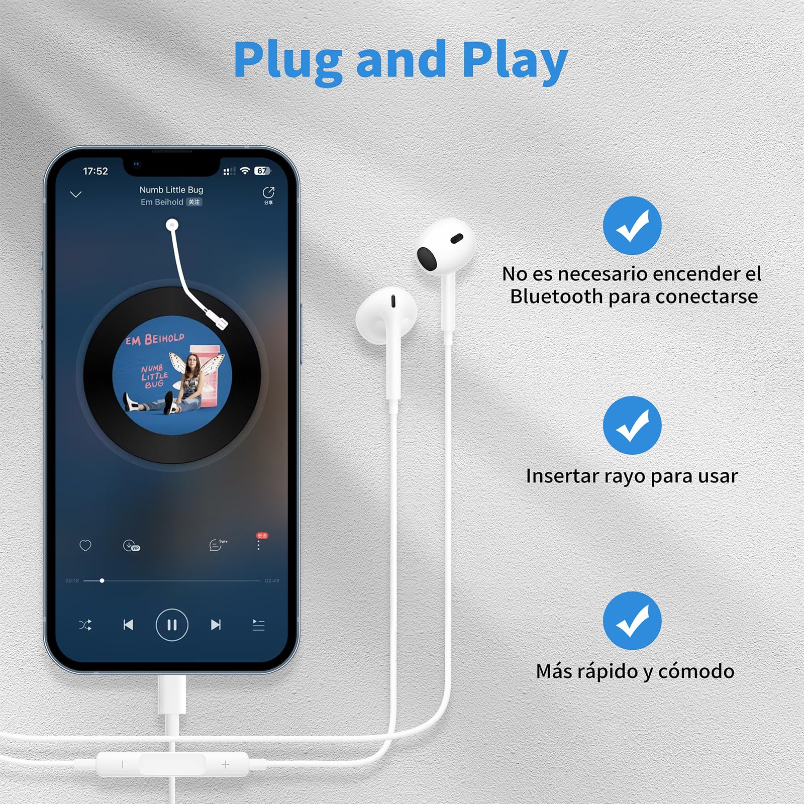 Auriculares In Ear para iPhone,Cascos con Aislamiento de Ruido Soporte Control de Volumen de Llamadas,Compatible con iPhone 14/14 Pro/13/13 Pro/12/11 Pro/7/8 Plus/XS/XR/X Soporta Todo el Sistema iOS - 2