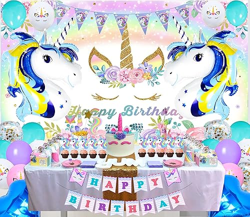 Miniatura 7 de Welliboom Lindos suministros de fiesta de cumpleaños de unicornio de dibujos animados con pancarta, decoración de fiesta para niños, decoración de