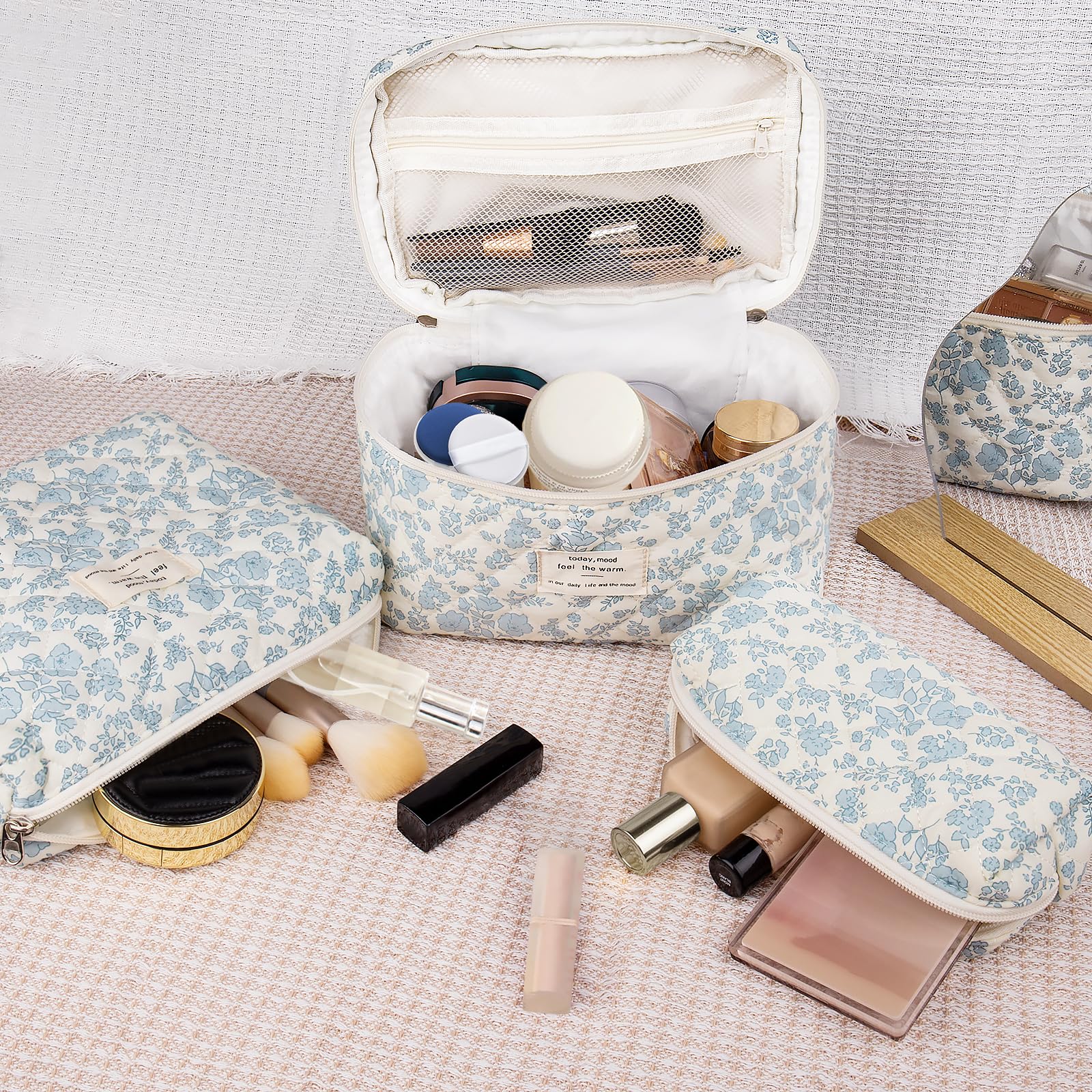 Gosect Quilted Cotton Makeup Bag Set, 3-Piece Travel Organizer