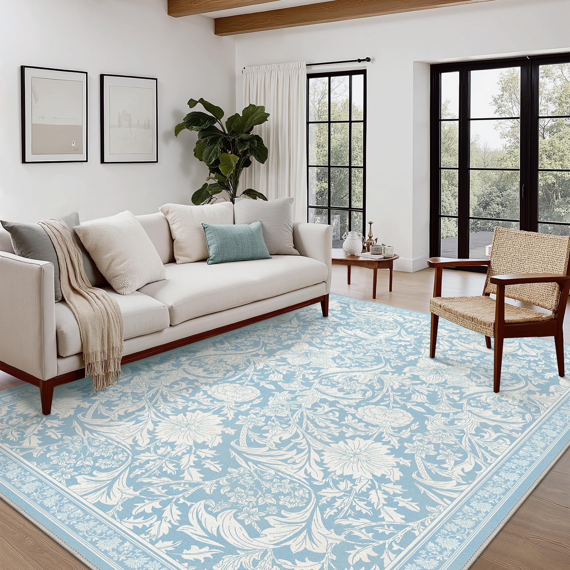 Bavni Vintage Floral Rugs 8x10, Washable Area Rug with Non Slip Backing, Low Pile for Living Room, Bedroom & Home Decor, Lightweight Carpet, Light